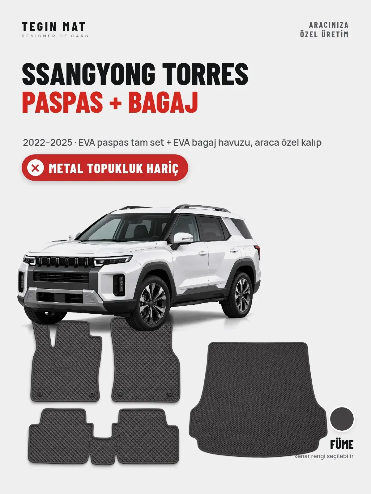 SsangYong Torres EVA Paspas + Bagaj Havuzu Seti (2022–2025) Füme – Metal Topukluk Hariç (1)