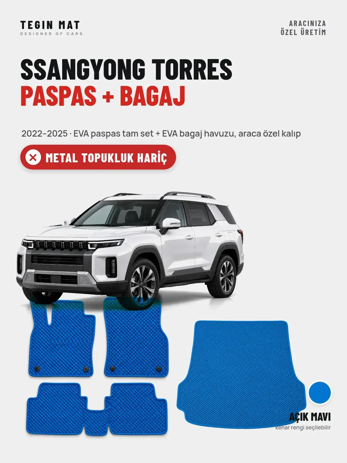 SsangYong Torres EVA Paspas + Bagaj Havuzu Seti (2022–2025) Açık Mavi – Metal Topukluk Hariç (1)