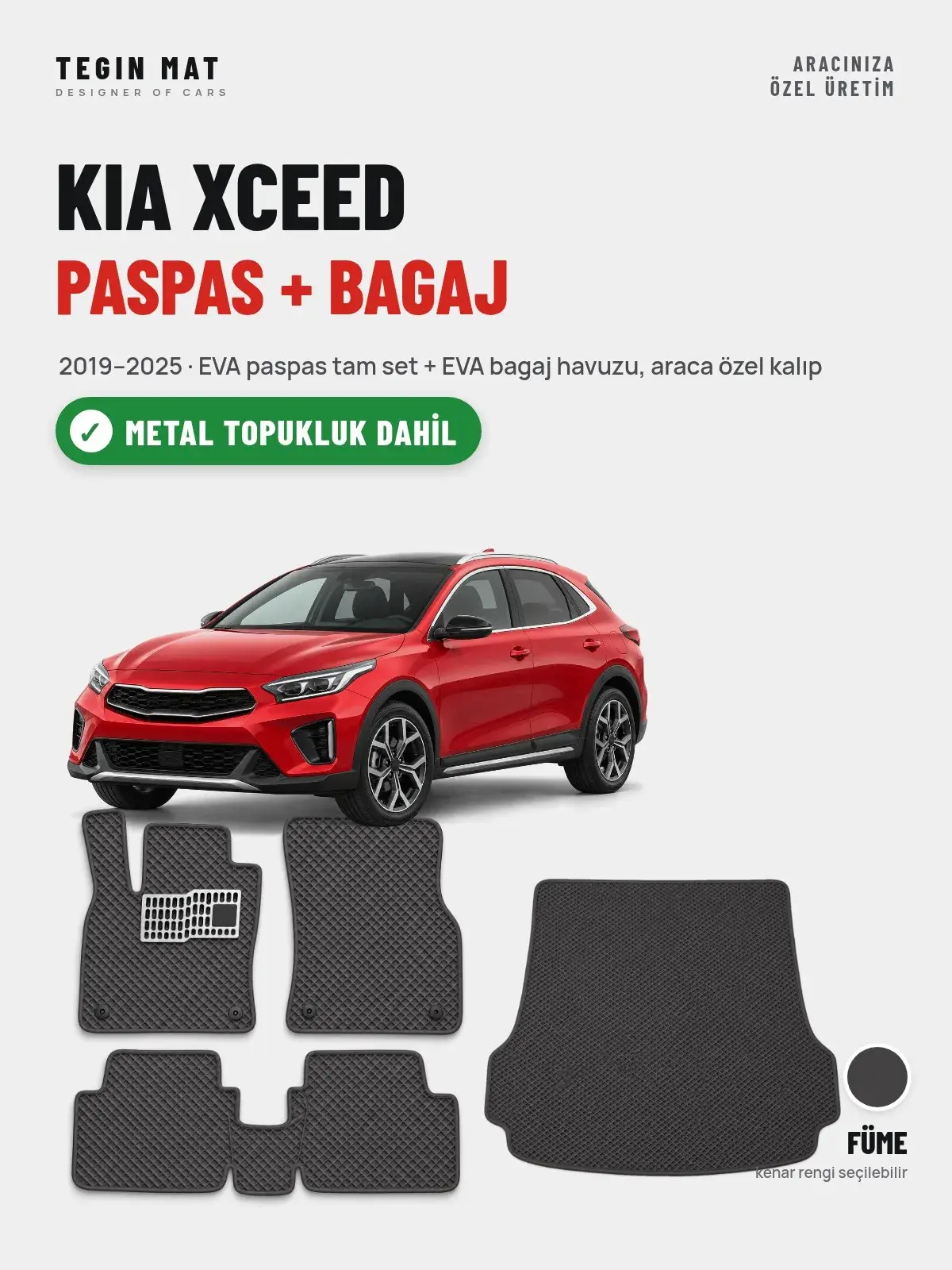 Kia XCeed EVA Paspas + Bagaj Havuzu Seti (2019–2025) Füme – Metal Topukluk Dahil (1)
