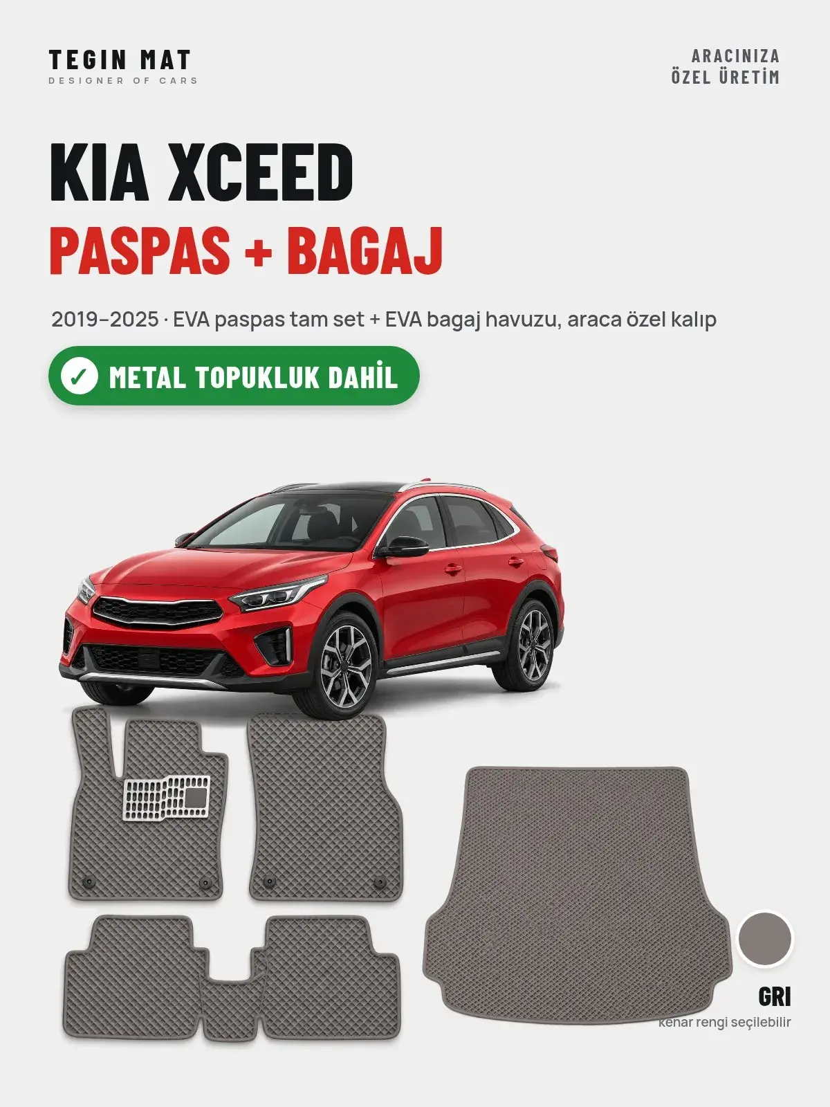 Kia XCeed EVA Paspas + Bagaj Havuzu Seti (2019–2025) Gri – Metal Topukluk Dahil (1)