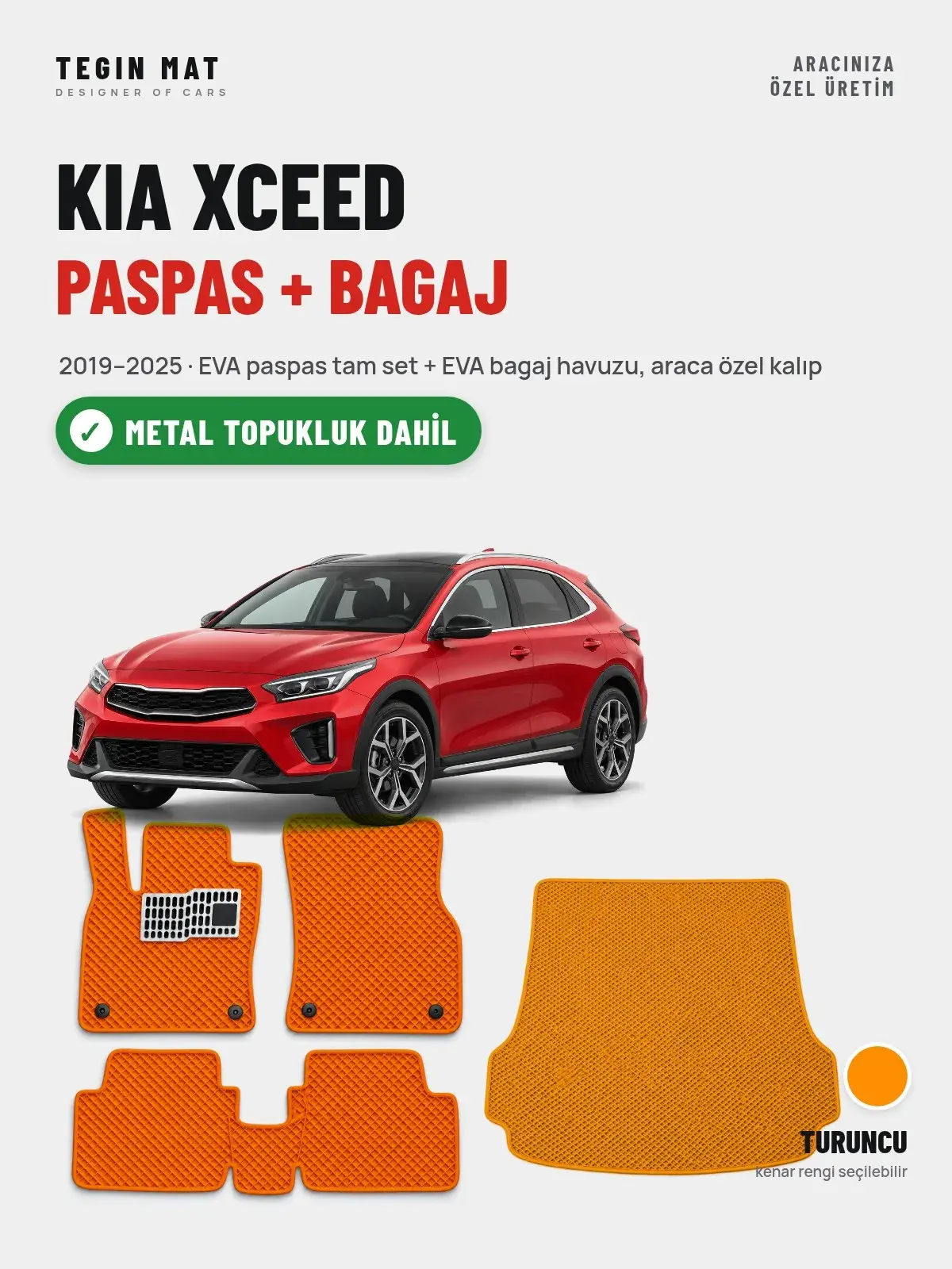 Kia XCeed EVA Paspas + Bagaj Havuzu Seti (2019–2025) Turuncu – Metal Topukluk Dahil (1)