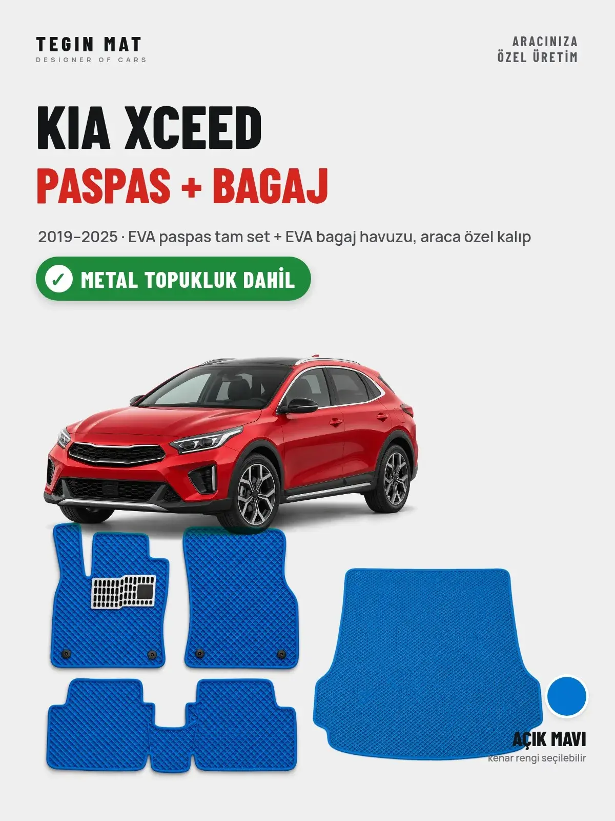 Kia XCeed EVA Paspas + Bagaj Havuzu Seti (2019–2025) Açık Mavi – Metal Topukluk Dahil (1)