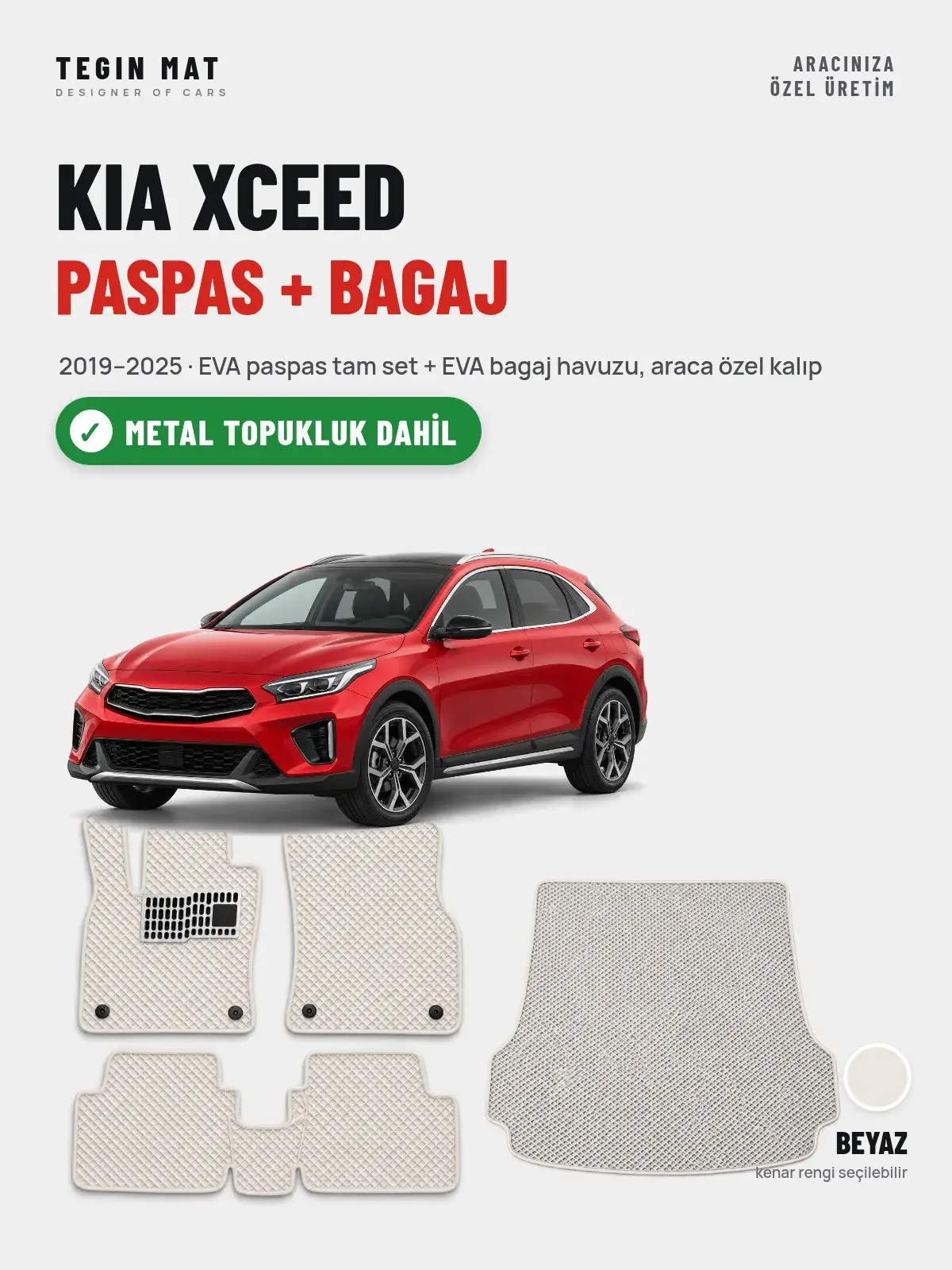 Kia XCeed EVA Paspas + Bagaj Havuzu Seti (2019–2025) Beyaz – Metal Topukluk Dahil (1)
