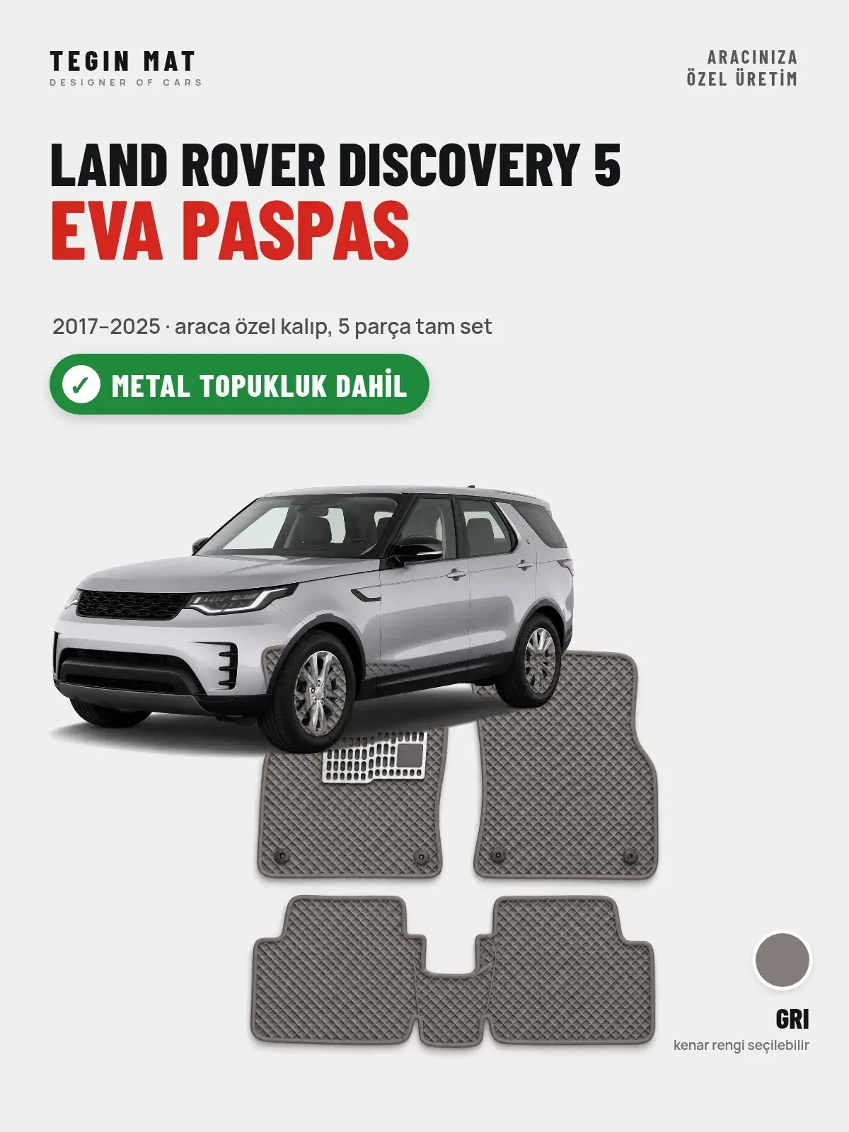 Land Rover Discovery 5 EVA Oto Paspas Tam Set (2017–2025) Gri – Metal Topukluk Dahil (1)