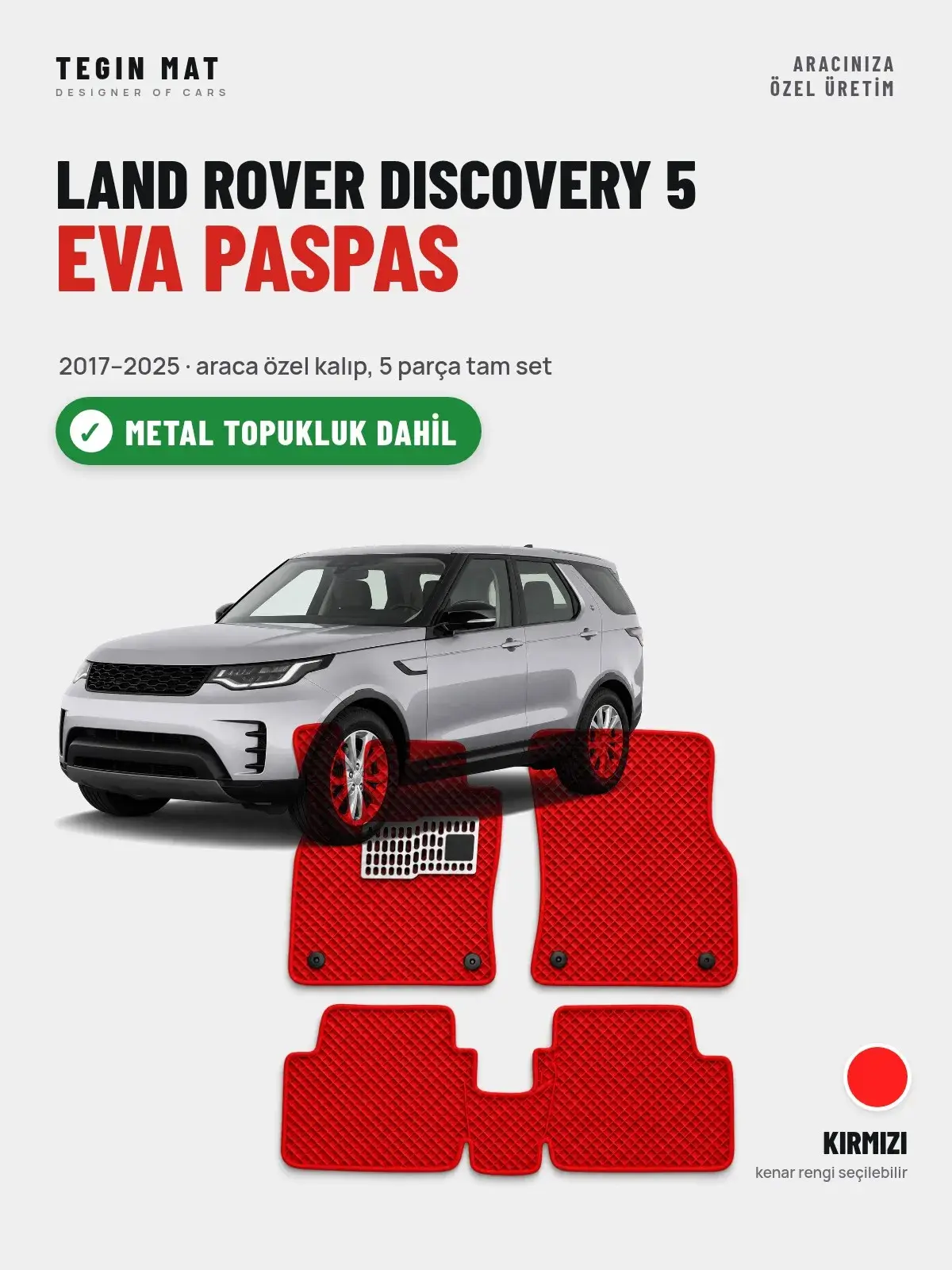 Land Rover Discovery 5 EVA Oto Paspas Tam Set (2017–2025) Kırmızı – Metal Topukluk Dahil (1)