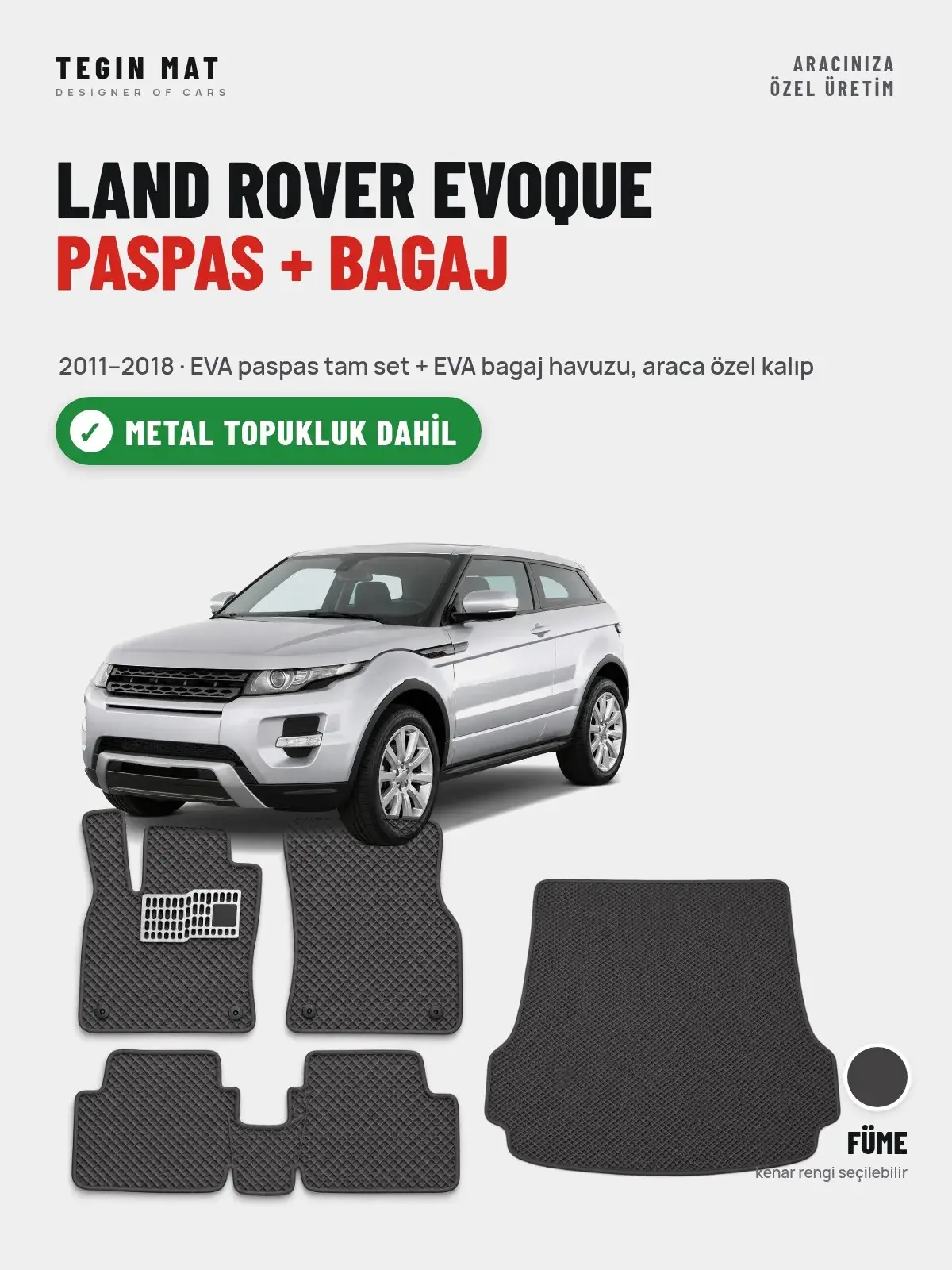 Land Rover Evoque EVA Paspas + Bagaj Havuzu Seti (2011–2018) Füme – Metal Topukluk Dahil (1)
