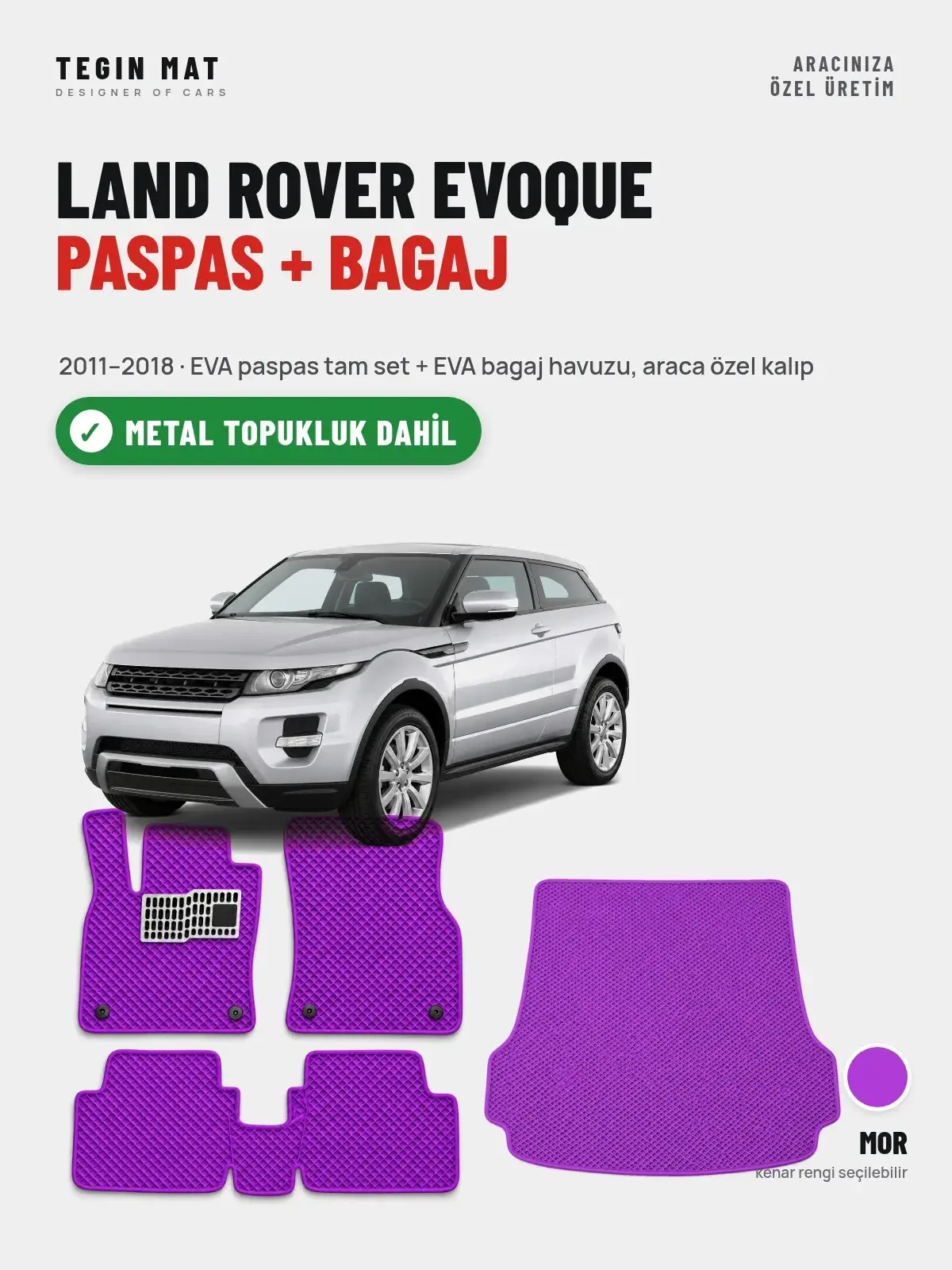 Land Rover Evoque EVA Paspas + Bagaj Havuzu Seti (2011–2018) Mor – Metal Topukluk Dahil (1)