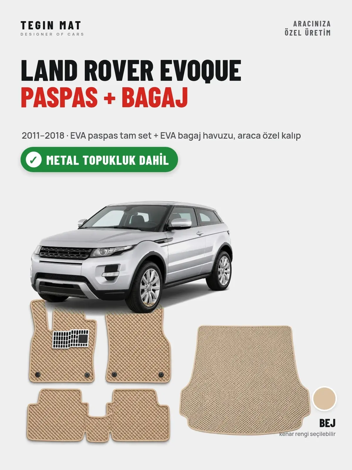 Land Rover Evoque EVA Paspas + Bagaj Havuzu Seti (2011–2018) Bej – Metal Topukluk Dahil (1)