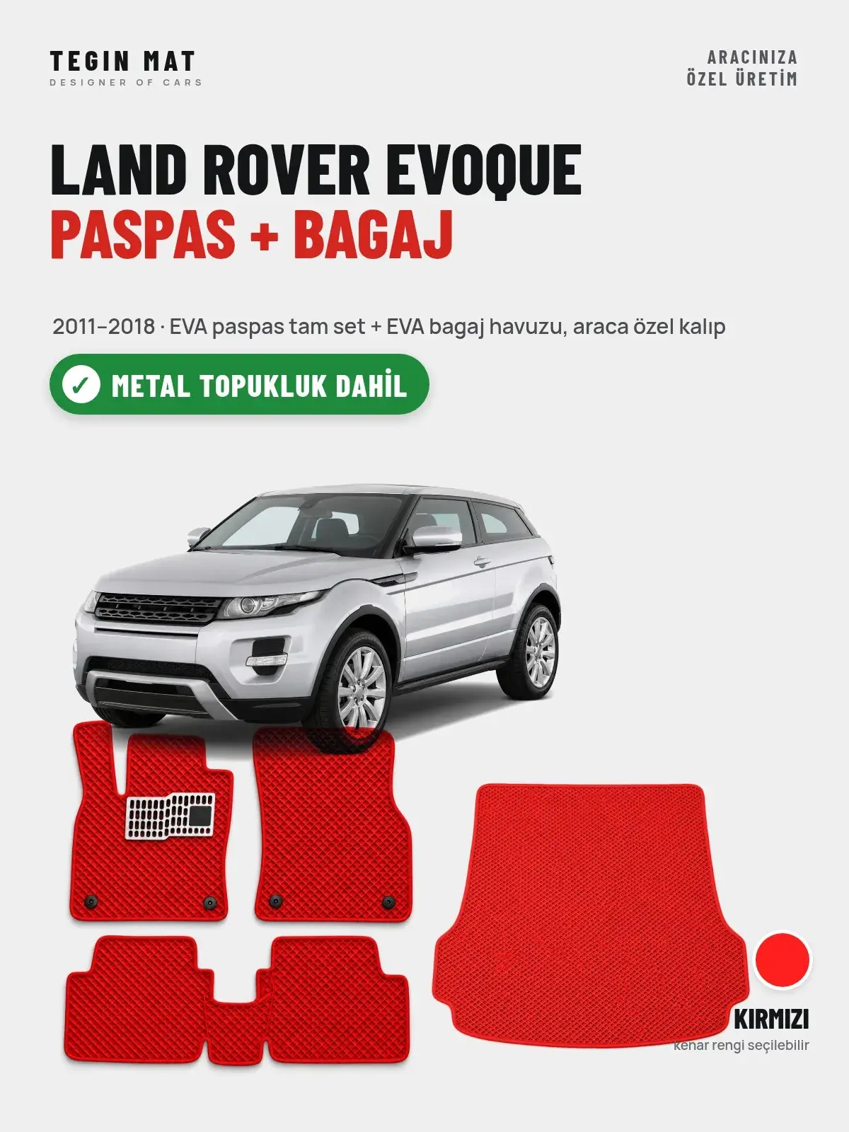 Land Rover Evoque EVA Paspas + Bagaj Havuzu Seti (2011–2018) Kırmızı – Metal Topukluk Dahil (1)