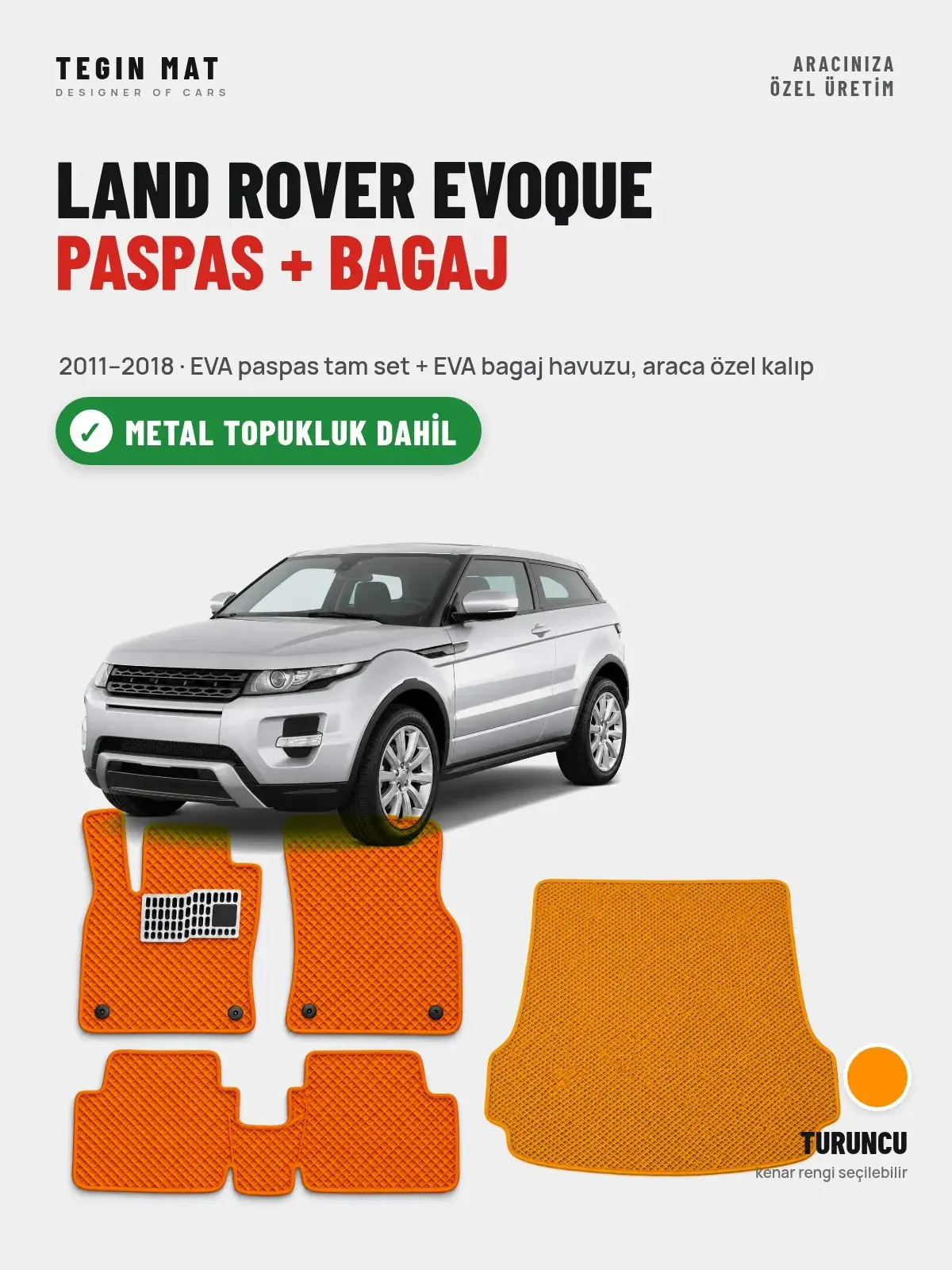 Land Rover Evoque EVA Paspas + Bagaj Havuzu Seti (2011–2018) Turuncu – Metal Topukluk Dahil (1)
