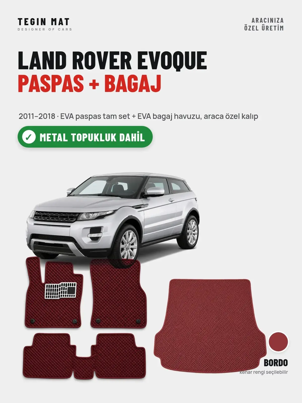 Land Rover Evoque EVA Paspas + Bagaj Havuzu Seti (2011–2018) Bordo – Metal Topukluk Dahil (1)