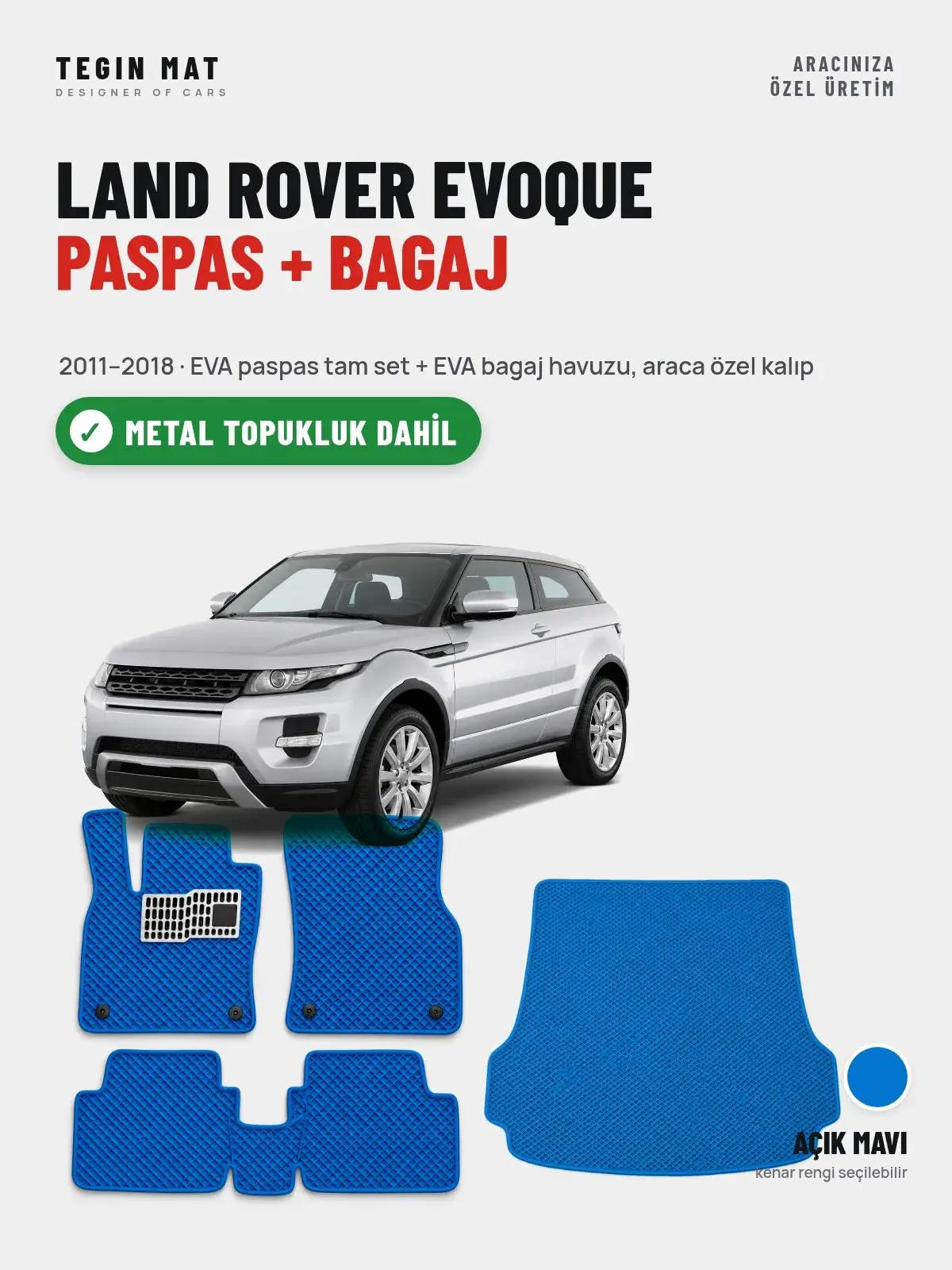 Land Rover Evoque EVA Paspas + Bagaj Havuzu Seti (2011–2018) Açık Mavi – Metal Topukluk Dahil (1)