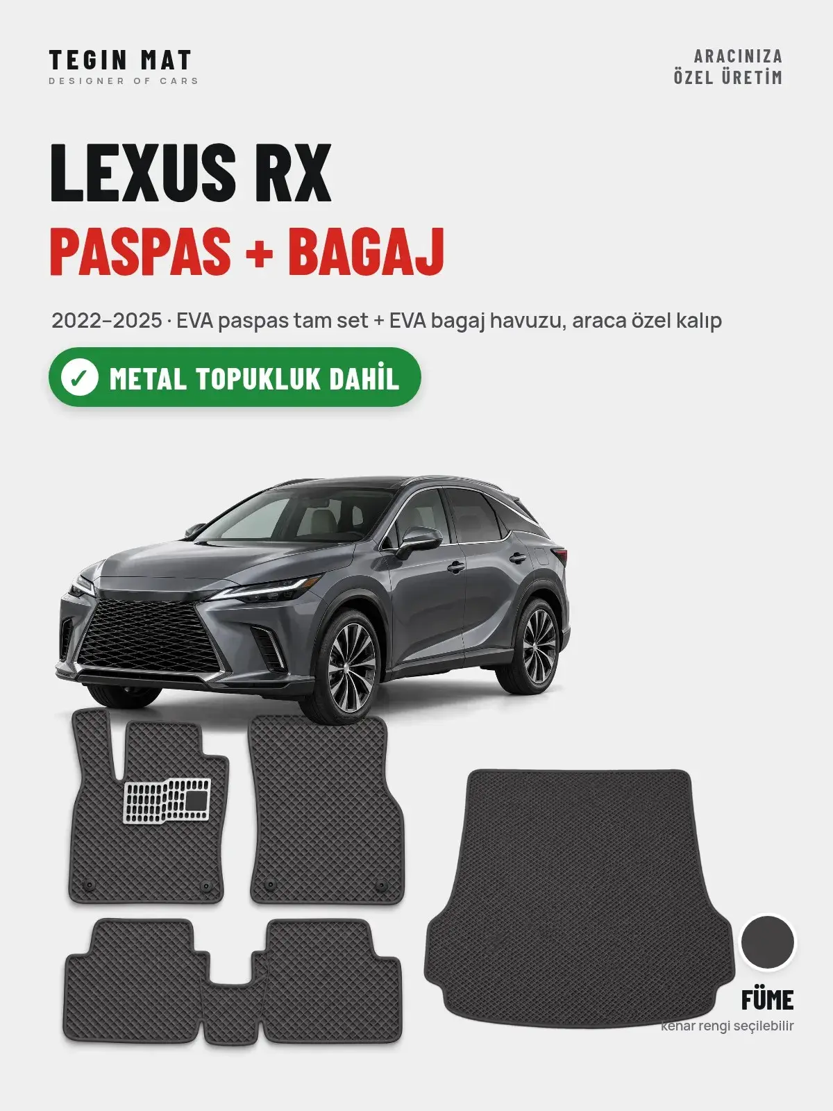 Lexus RX EVA Paspas + Bagaj Havuzu Seti (2022–2025) Füme – Metal Topukluk Dahil (1)