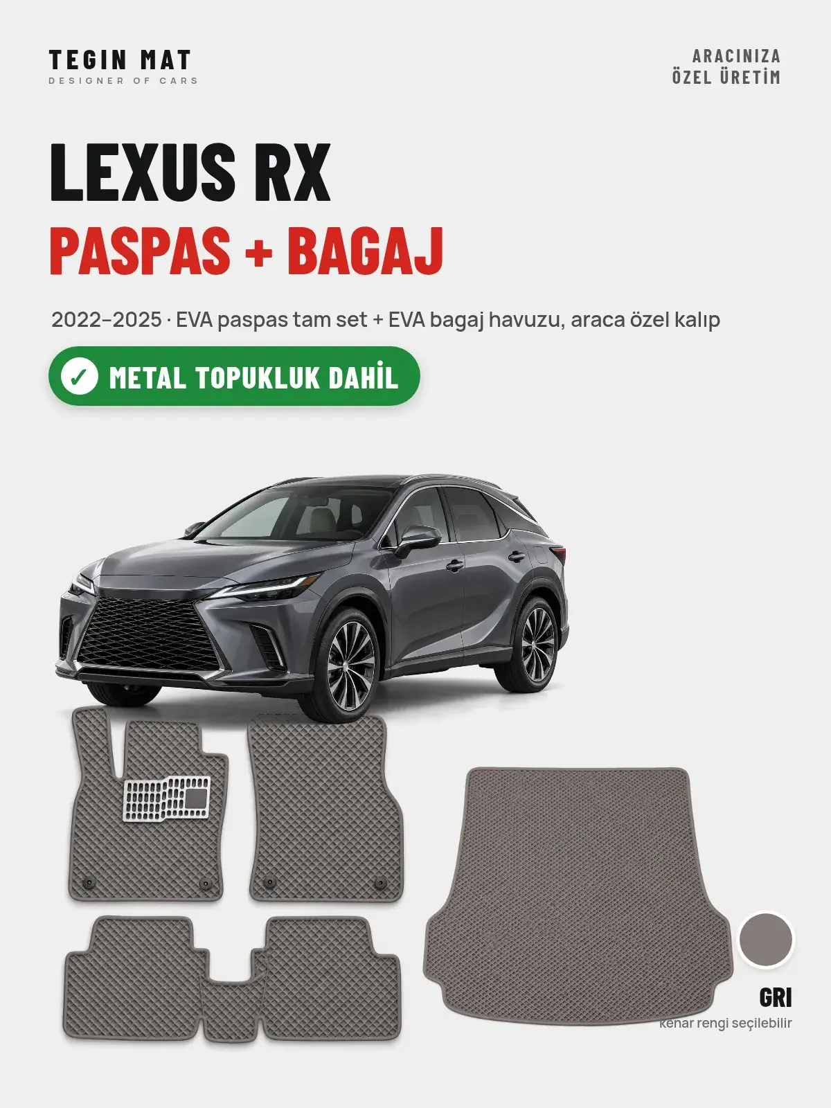 Lexus RX EVA Paspas + Bagaj Havuzu Seti (2022–2025) Gri – Metal Topukluk Dahil (1)