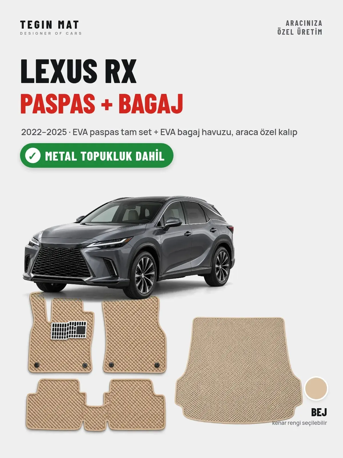 Lexus RX EVA Paspas + Bagaj Havuzu Seti (2022–2025) Bej – Metal Topukluk Dahil (1)