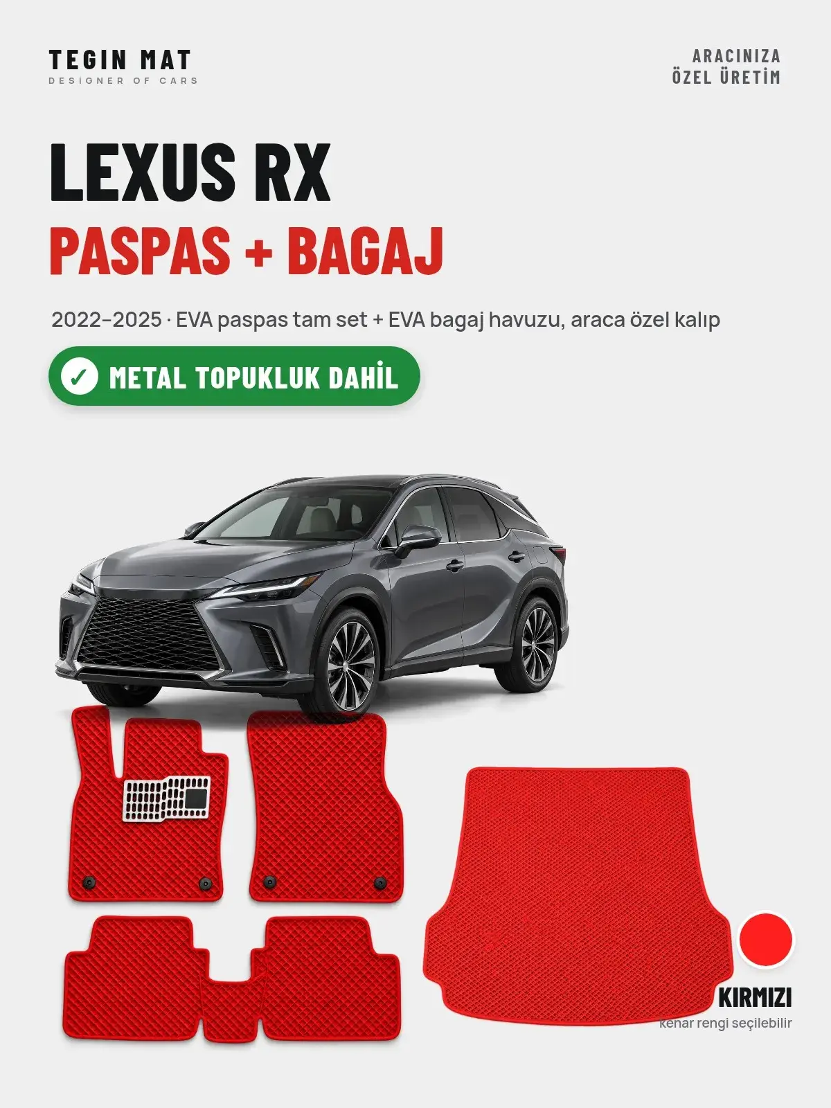 Lexus RX EVA Paspas + Bagaj Havuzu Seti (2022–2025) Kırmızı – Metal Topukluk Dahil (1)
