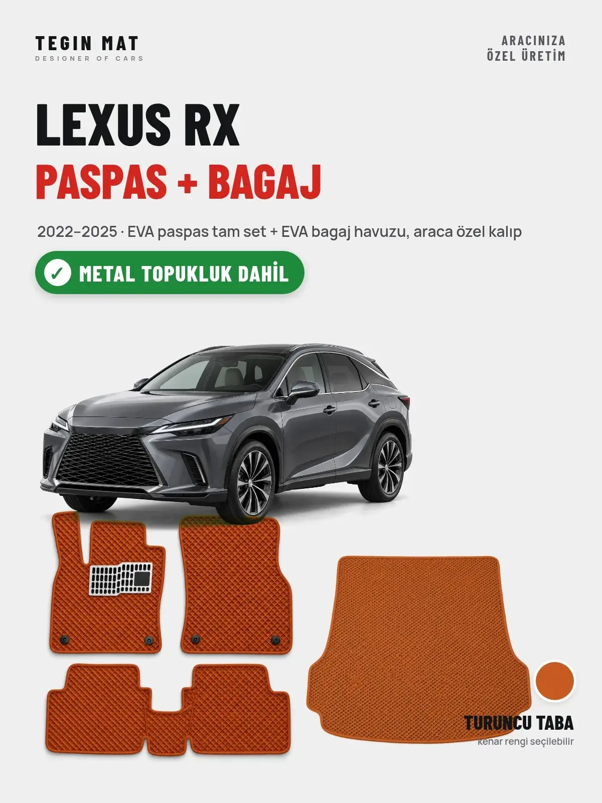 Lexus RX EVA Paspas + Bagaj Havuzu Seti (2022–2025) Turuncu Taba – Metal Topukluk Dahil (1)