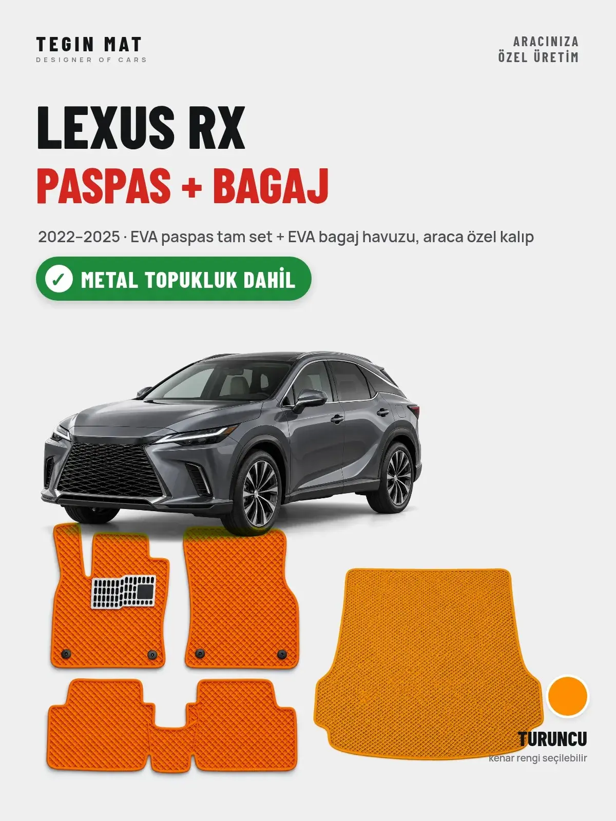 Lexus RX EVA Paspas + Bagaj Havuzu Seti (2022–2025) Turuncu – Metal Topukluk Dahil (1)