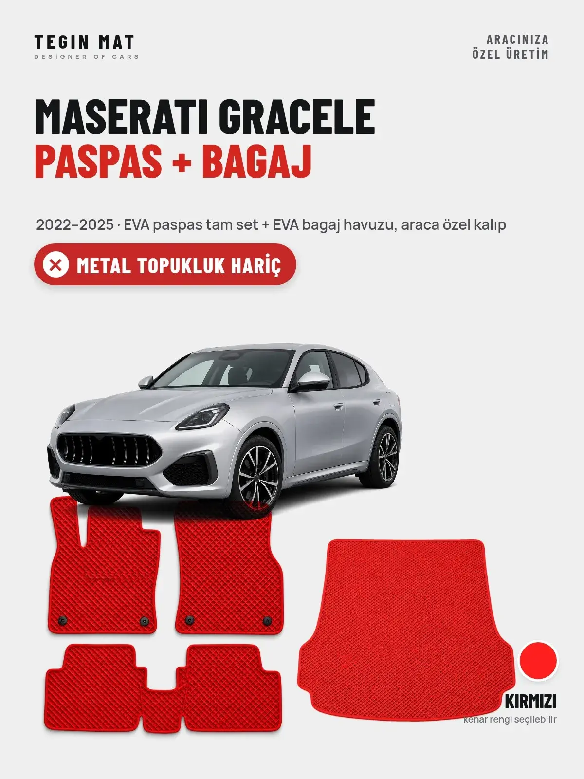 Maserati Gracele EVA Paspas + Bagaj Havuzu Seti (2022–2025) Kırmızı – Metal Topukluk Hariç (1)