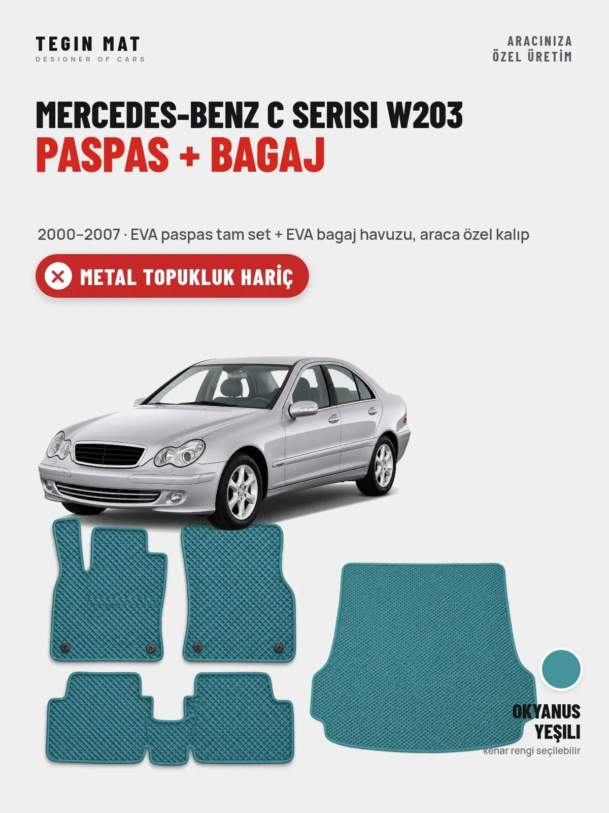 Mercedes-Benz C Serisi W203 EVA Paspas + Bagaj Havuzu Seti (2000–2007) Okyanus Yeşili – Metal Topukluk Hariç (1)