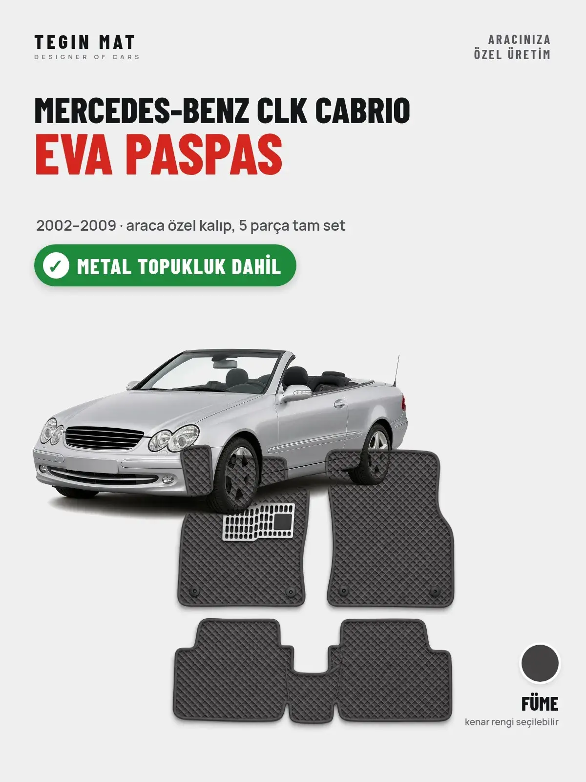 Mercedes-Benz CLK Cabrio EVA Oto Paspas Tam Set (2002–2009) Füme – Metal Topukluk Dahil (1)