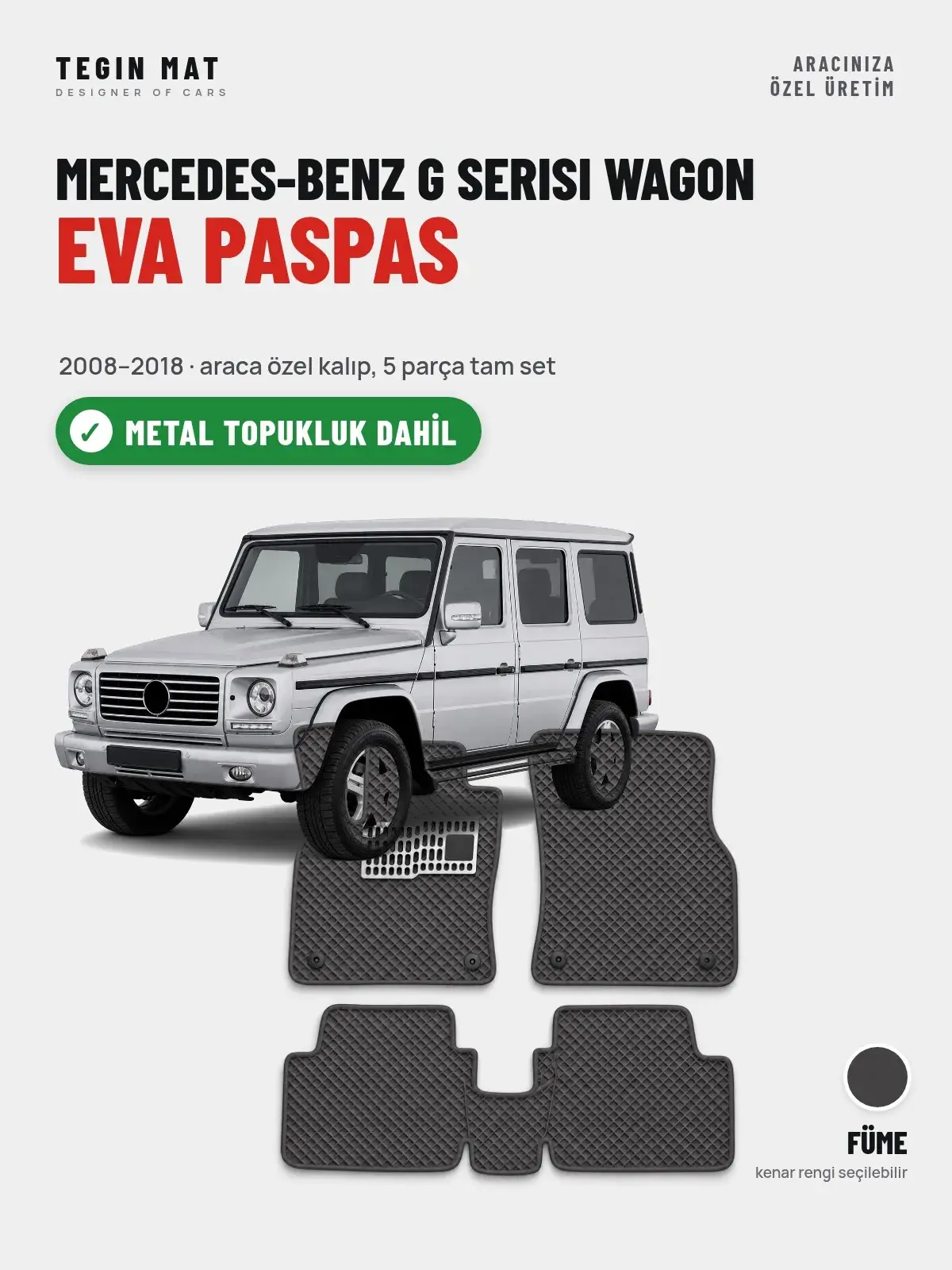 Mercedes-Benz G Serisi Wagon EVA Oto Paspas Tam Set (2008–2018) Füme – Metal Topukluk Dahil (1)