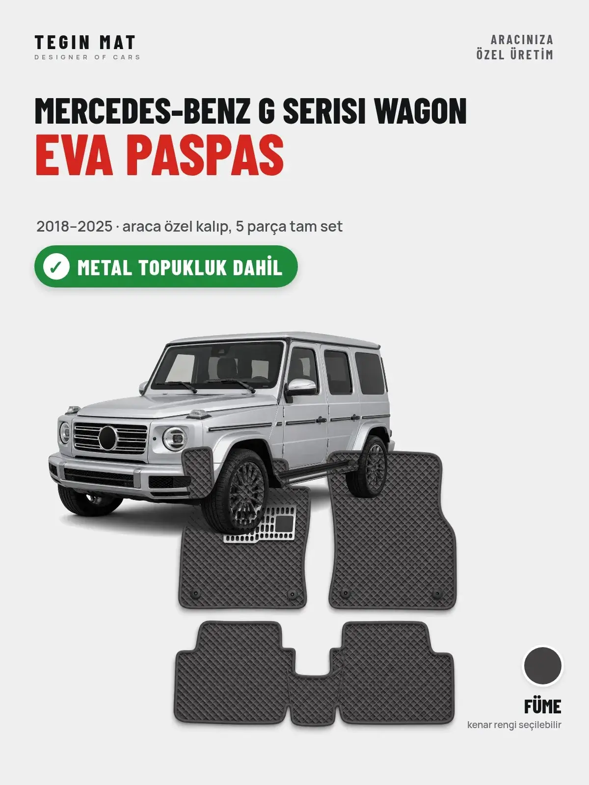 Mercedes-Benz G Serisi Wagon EVA Oto Paspas Tam Set (2018–2025) Füme – Metal Topukluk Dahil (1)