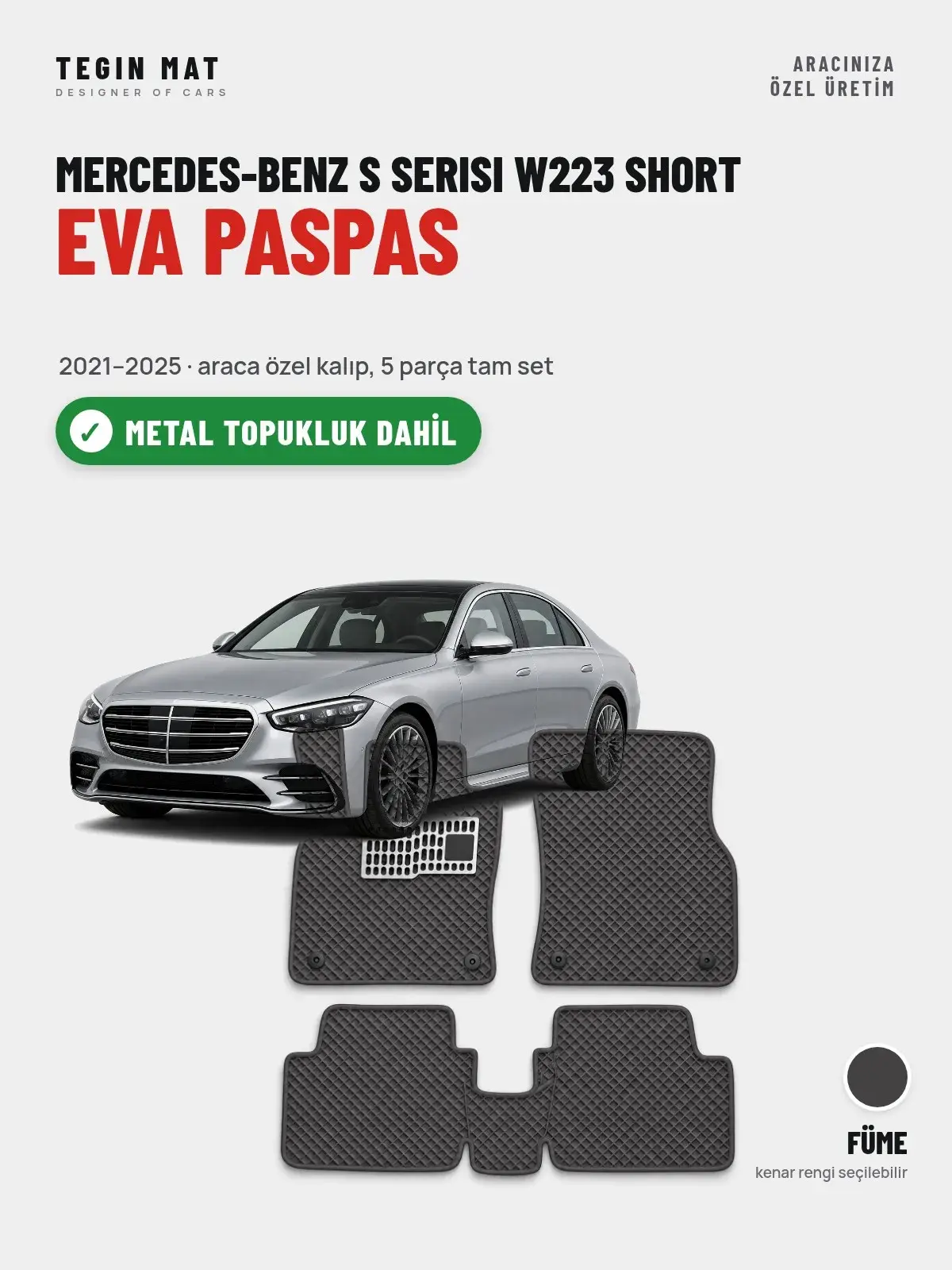 Mercedes-Benz S Serisi W223 Short EVA Oto Paspas Tam Set (2021–2025) Füme – Metal Topukluk Dahil (1)