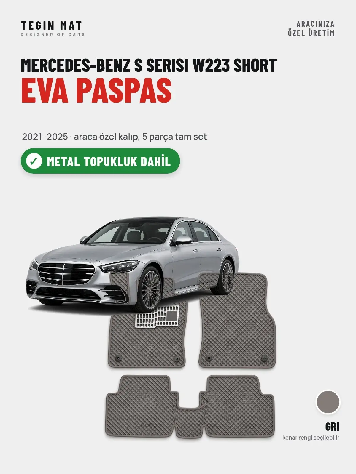 Mercedes-Benz S Serisi W223 Short EVA Oto Paspas Tam Set (2021–2025) Gri – Metal Topukluk Dahil (1)