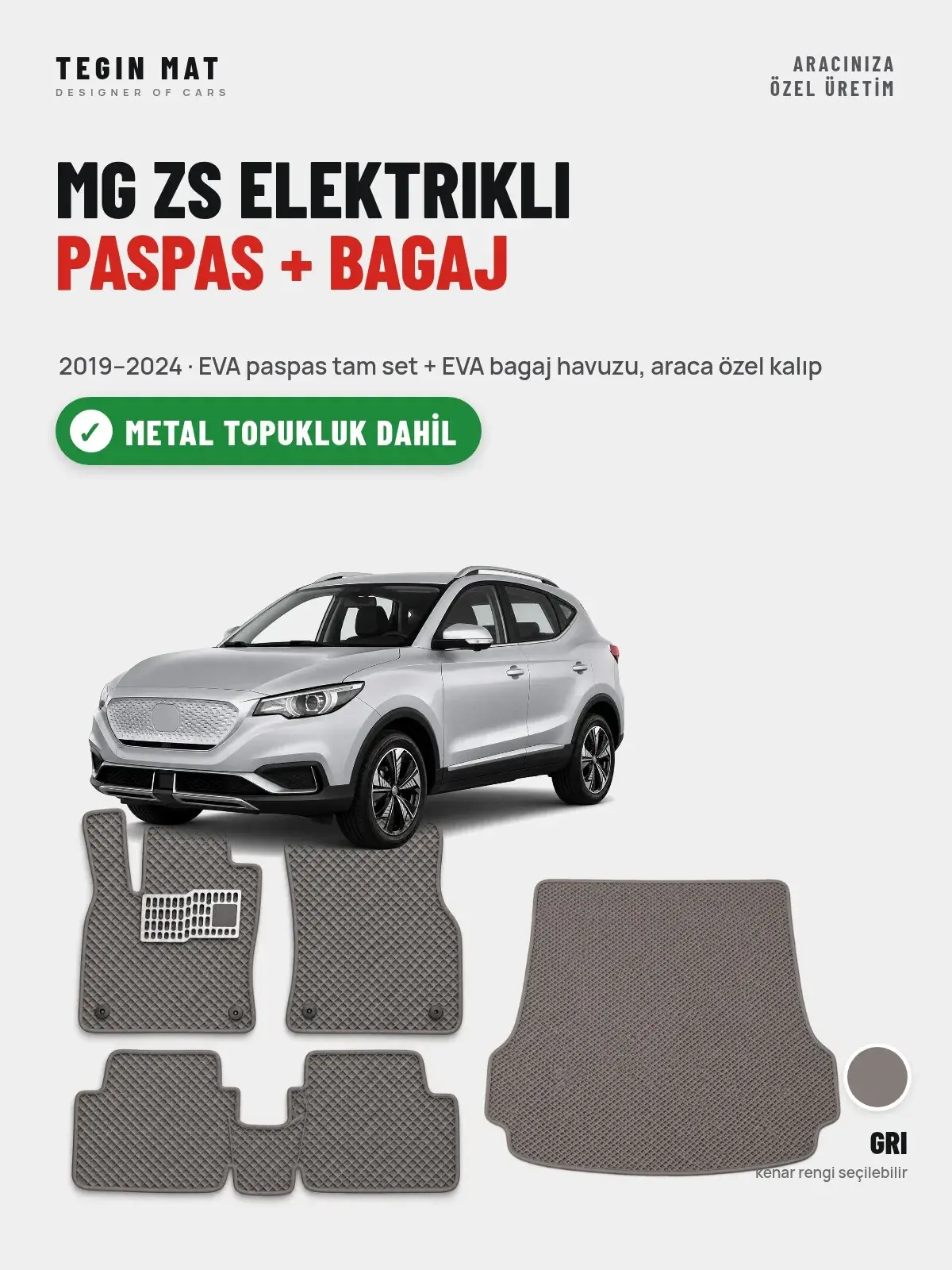 MG ZS Elektrikli EVA Paspas + Bagaj Havuzu Seti (2019–2024) Gri – Metal Topukluk Dahil (1)