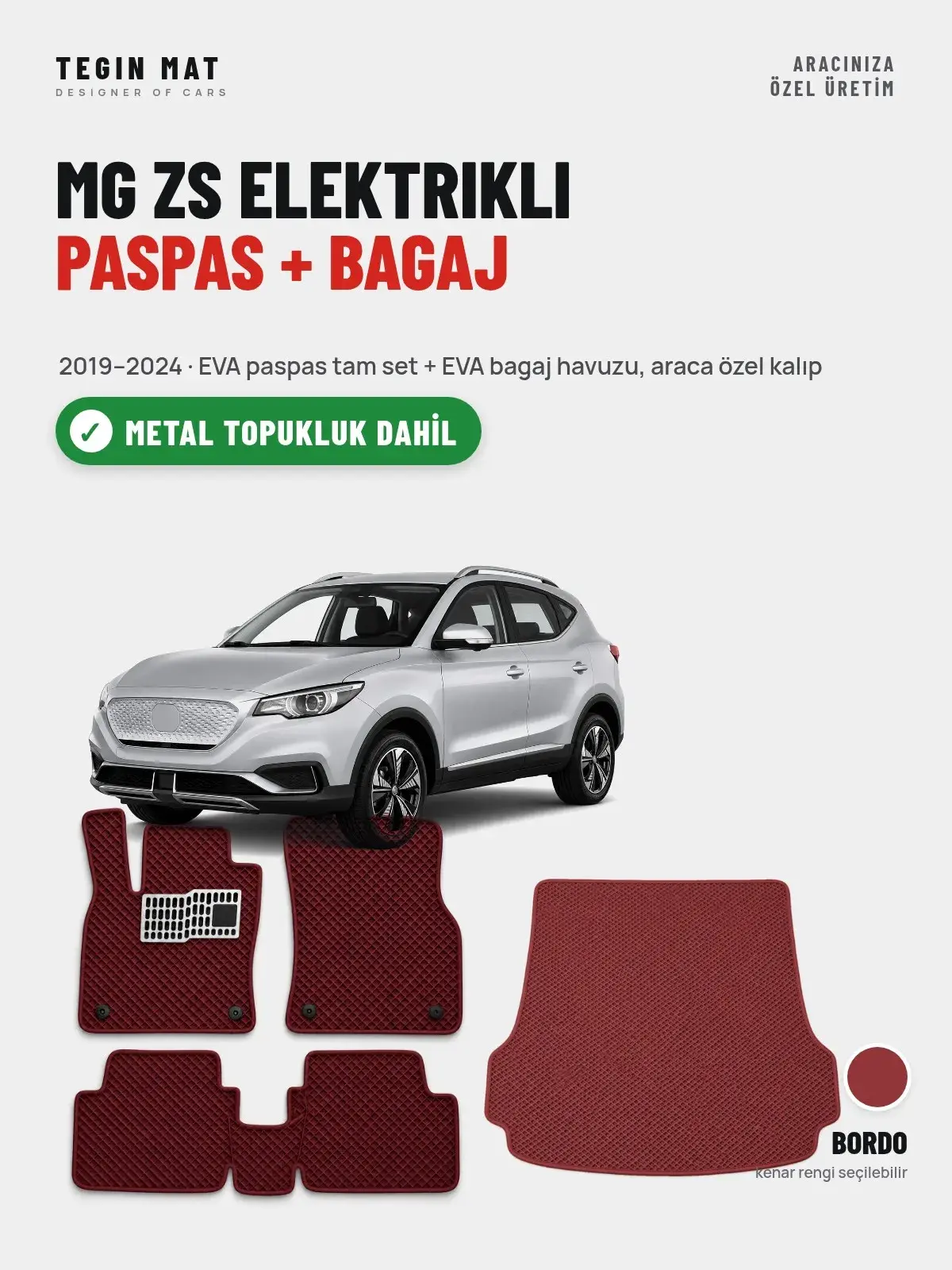 MG ZS Elektrikli EVA Paspas + Bagaj Havuzu Seti (2019–2024) Bordo – Metal Topukluk Dahil (1)