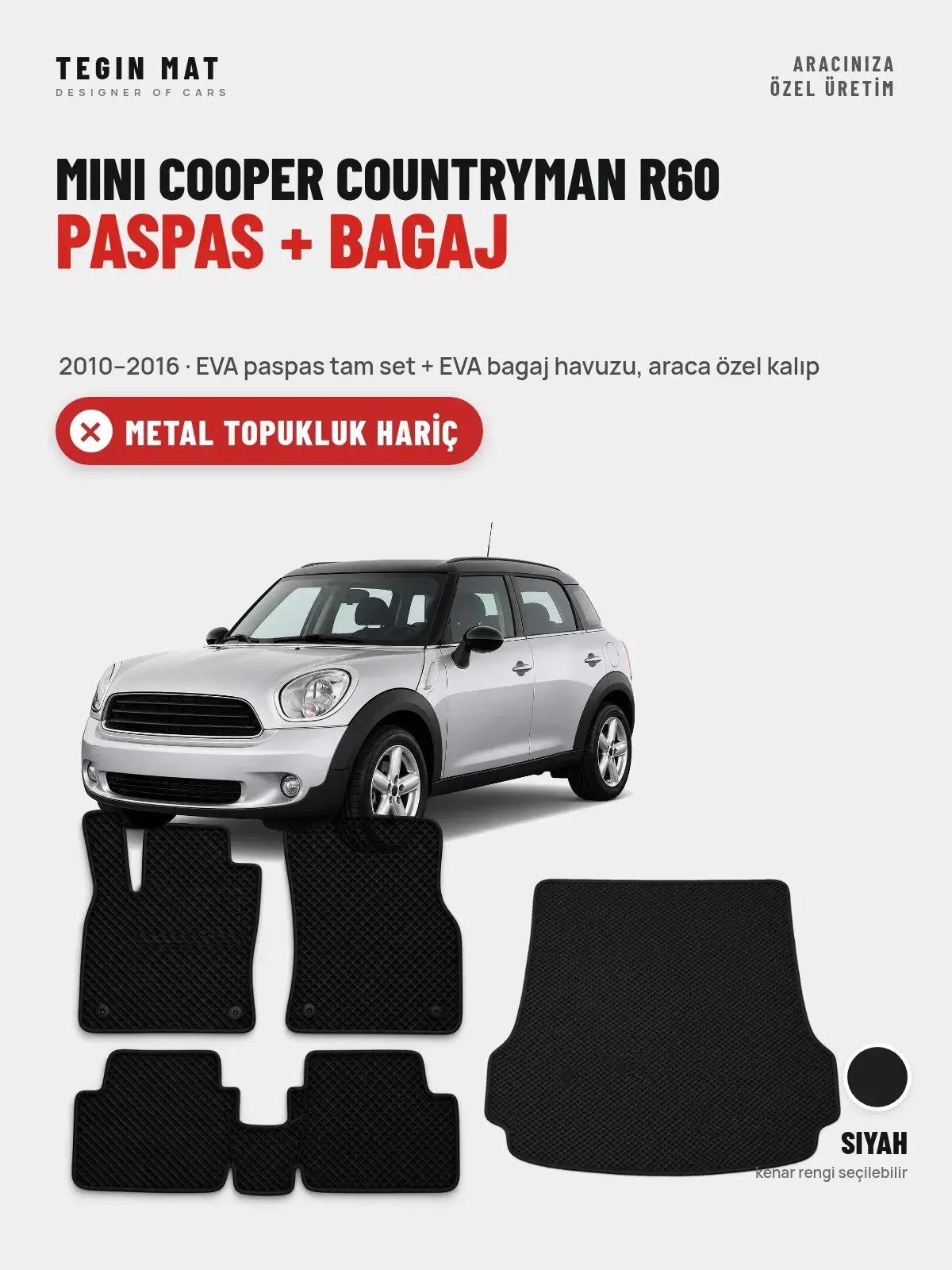 MINI Cooper Countryman R60 EVA Paspas + Bagaj Havuzu Seti (2010–2016) Siyah – Metal Topukluk Hariç (1)