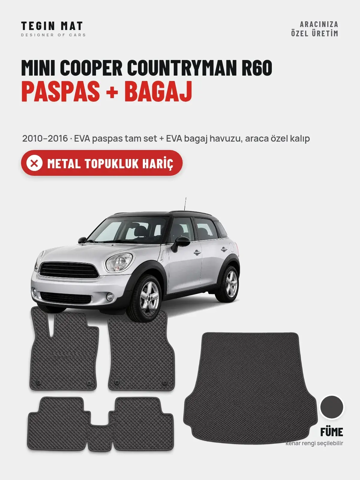 MINI Cooper Countryman R60 EVA Paspas + Bagaj Havuzu Seti (2010–2016) Füme – Metal Topukluk Hariç (1)