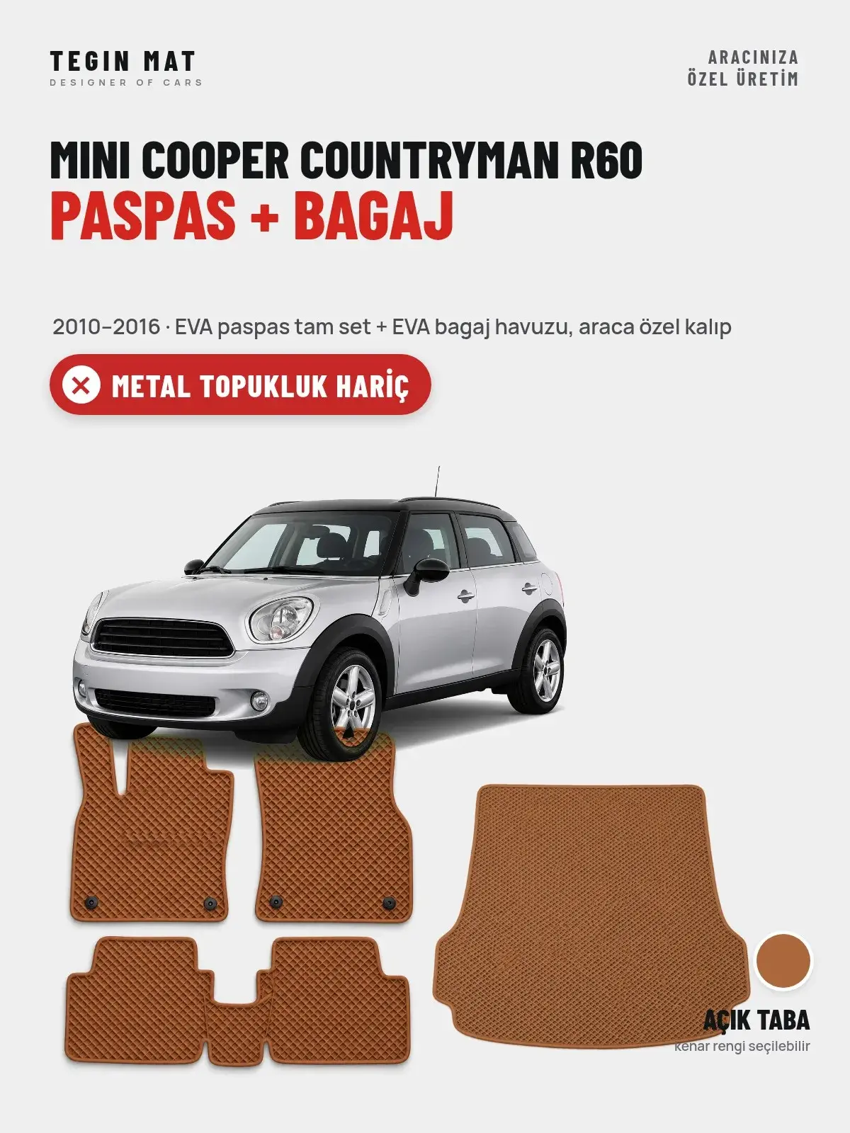 MINI Cooper Countryman R60 EVA Paspas + Bagaj Havuzu Seti (2010–2016) Açık Taba – Metal Topukluk Hariç (1)