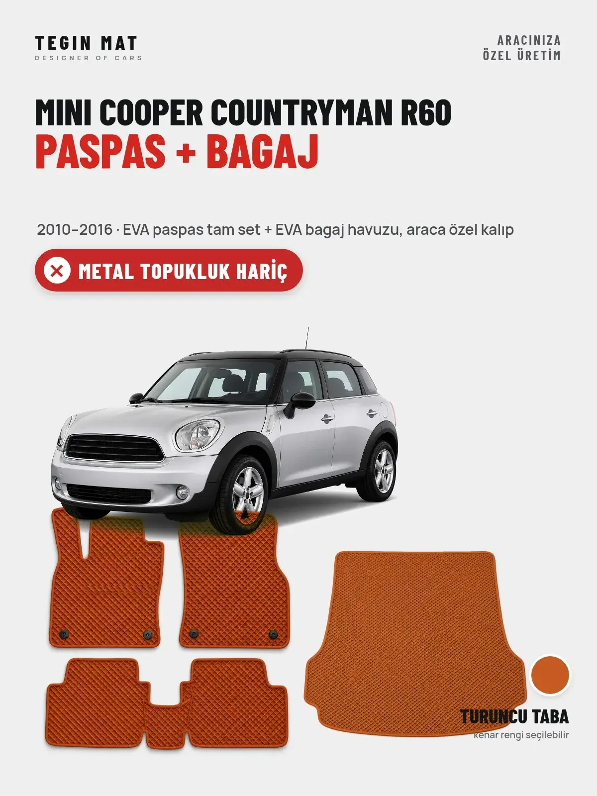 MINI Cooper Countryman R60 EVA Paspas + Bagaj Havuzu Seti (2010–2016) Turuncu Taba – Metal Topukluk Hariç (1)