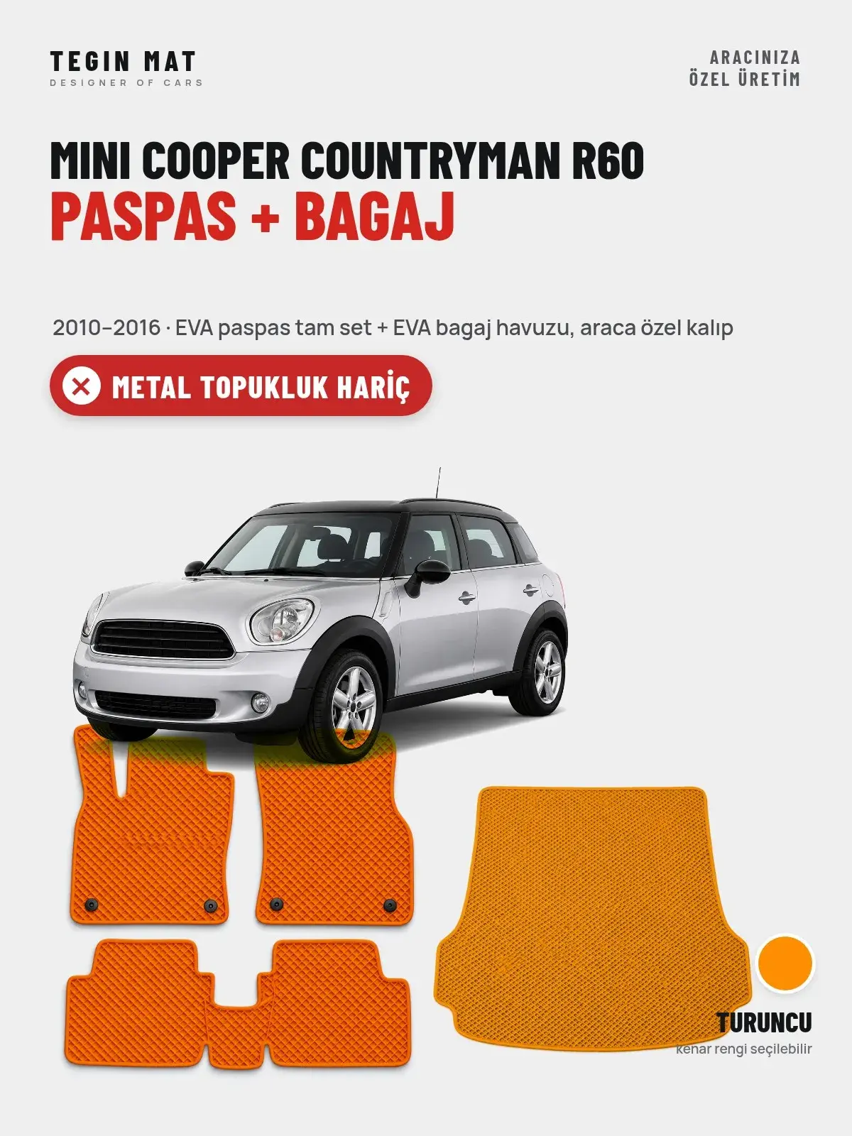 MINI Cooper Countryman R60 EVA Paspas + Bagaj Havuzu Seti (2010–2016) Turuncu – Metal Topukluk Hariç (1)