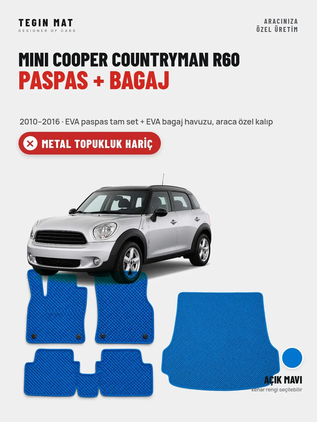 MINI Cooper Countryman R60 EVA Paspas + Bagaj Havuzu Seti (2010–2016) Açık Mavi – Metal Topukluk Hariç (1)
