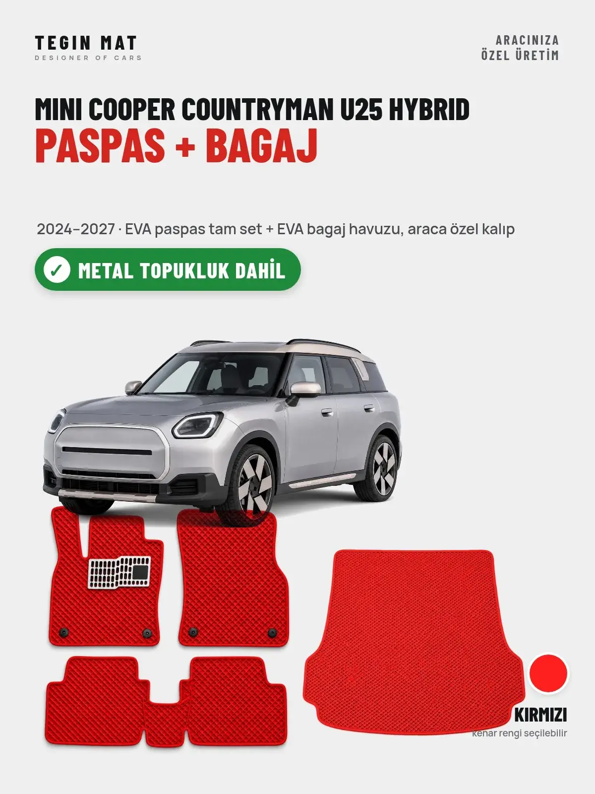 MINI Cooper Countryman U25 Hybrid EVA Paspas + Bagaj Havuzu Seti (2024–2027) Kırmızı – Metal Topukluk Dahil (1)