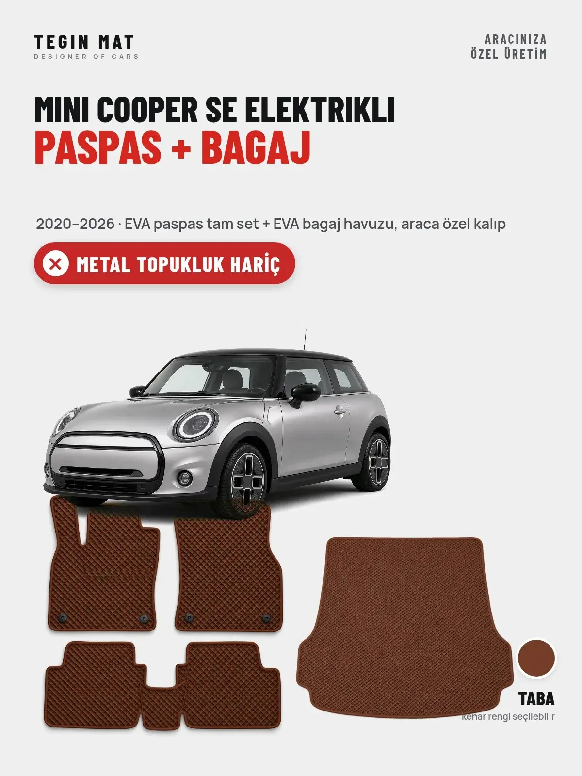 MINI Cooper SE Elektrikli EVA Paspas + Bagaj Havuzu Seti (2020–2026) Taba – Metal Topukluk Hariç (1)