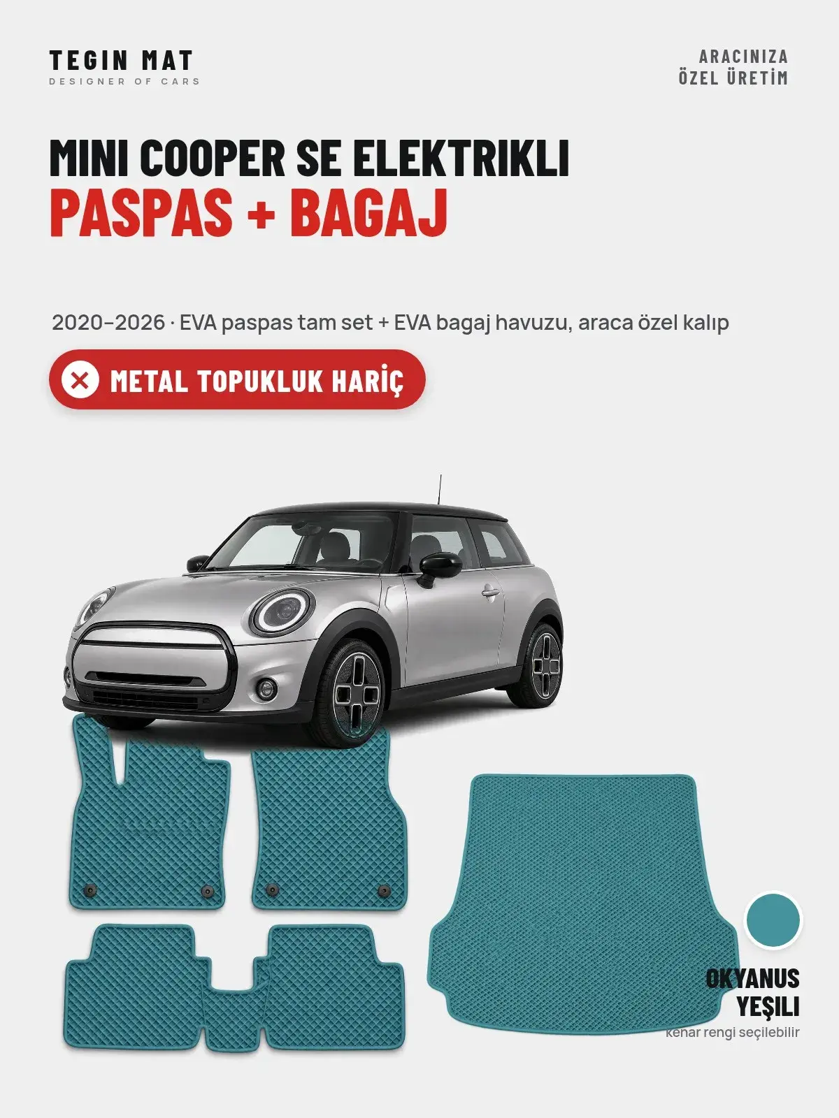 MINI Cooper SE Elektrikli EVA Paspas + Bagaj Havuzu Seti (2020–2026) Okyanus Yeşili – Metal Topukluk Hariç (1)