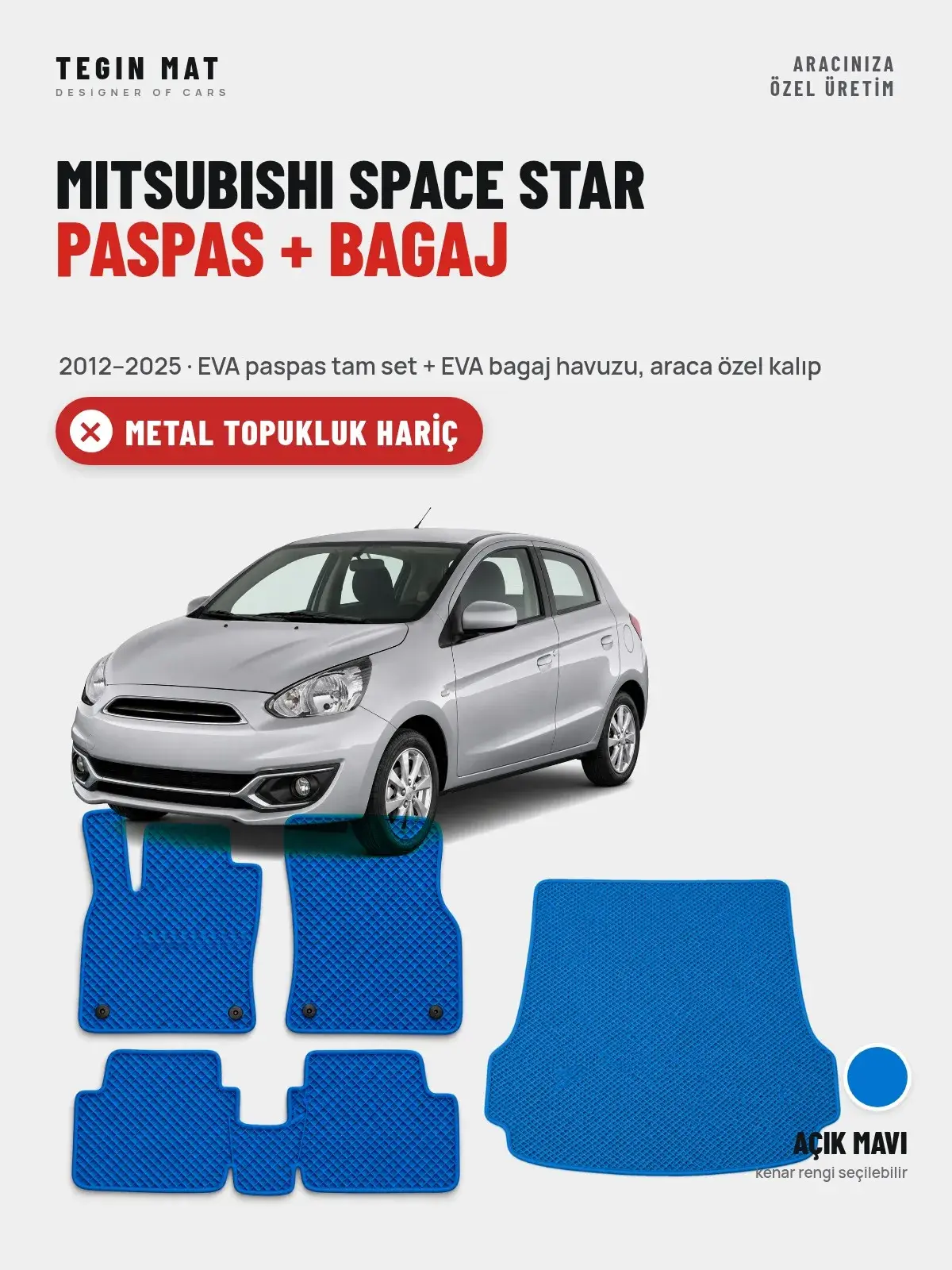Mitsubishi Space Star EVA Paspas + Bagaj Havuzu Seti (2012–2025) Açık Mavi – Metal Topukluk Hariç (1)