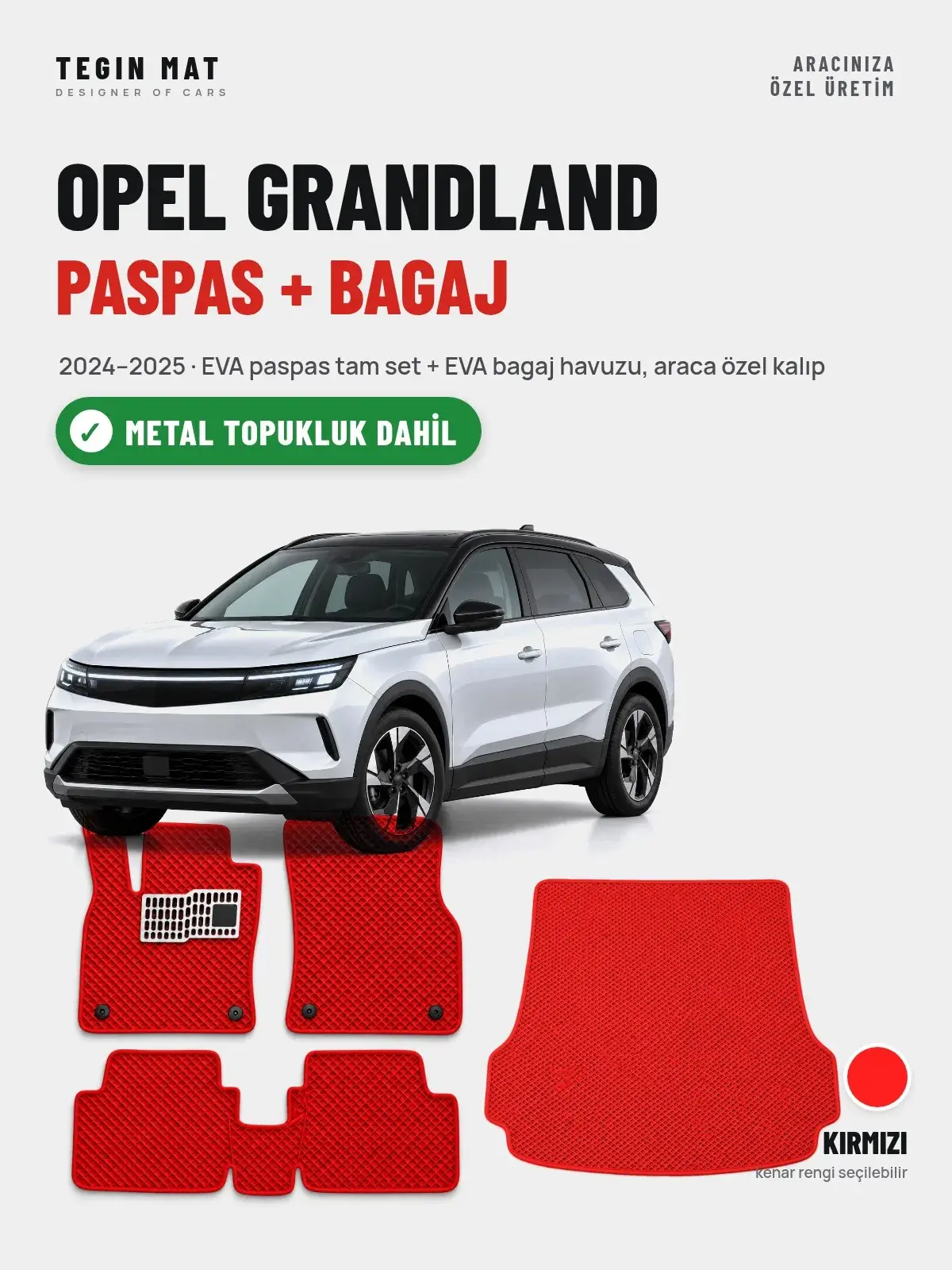 Opel Grandland EVA Paspas + Bagaj Havuzu Seti (2024–2025) Kırmızı – Metal Topukluk Dahil (1)