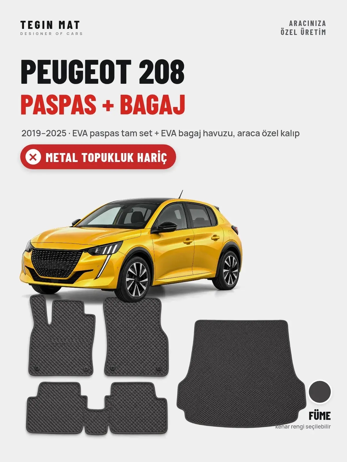 Peugeot 208 EVA Paspas + Bagaj Havuzu Seti (2019–2025) Füme – Metal Topukluk Hariç (1)