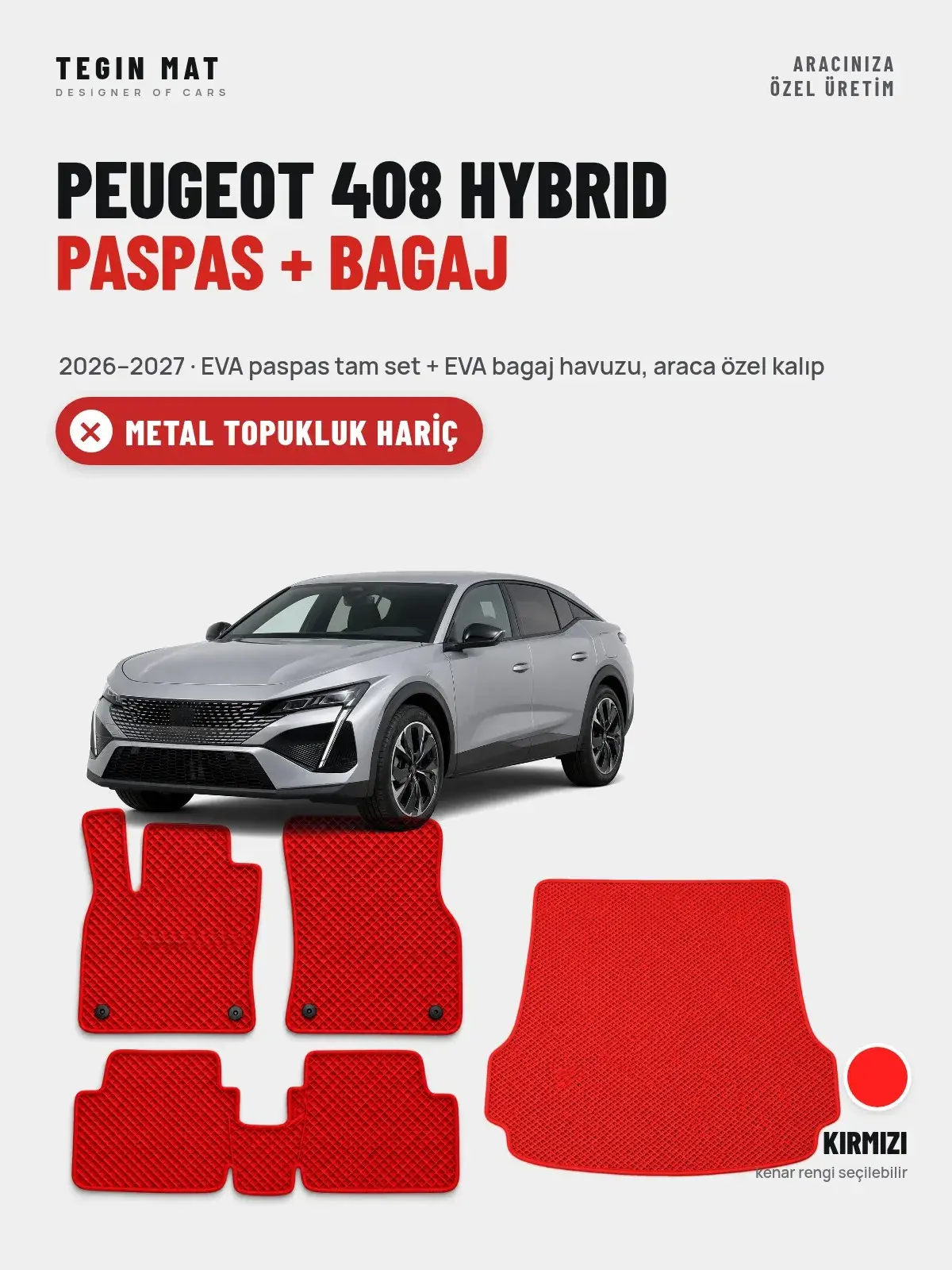 Peugeot 408 Hybrid EVA Paspas + Bagaj Havuzu Seti (2026–2027) Kırmızı – Metal Topukluk Hariç (1)