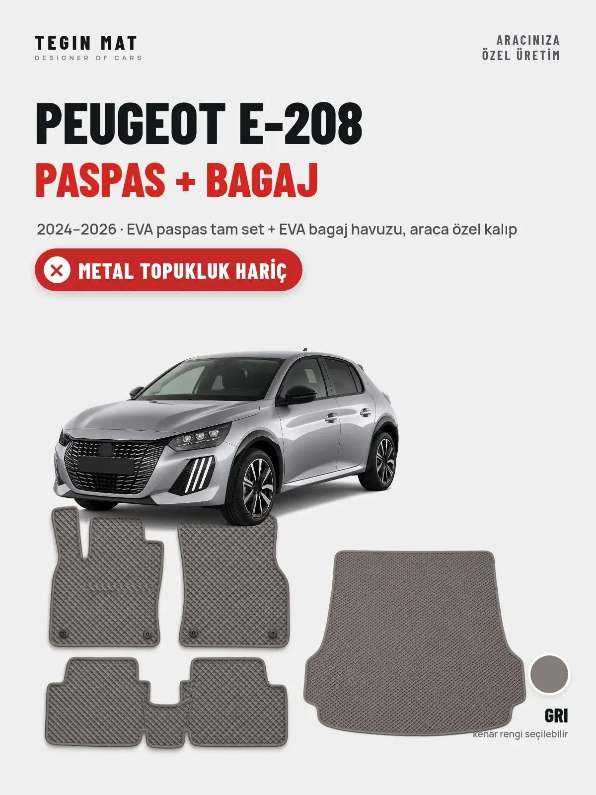 Peugeot e-208 EVA Paspas + Bagaj Havuzu Seti (2024–2026) Gri – Metal Topukluk Hariç (1)