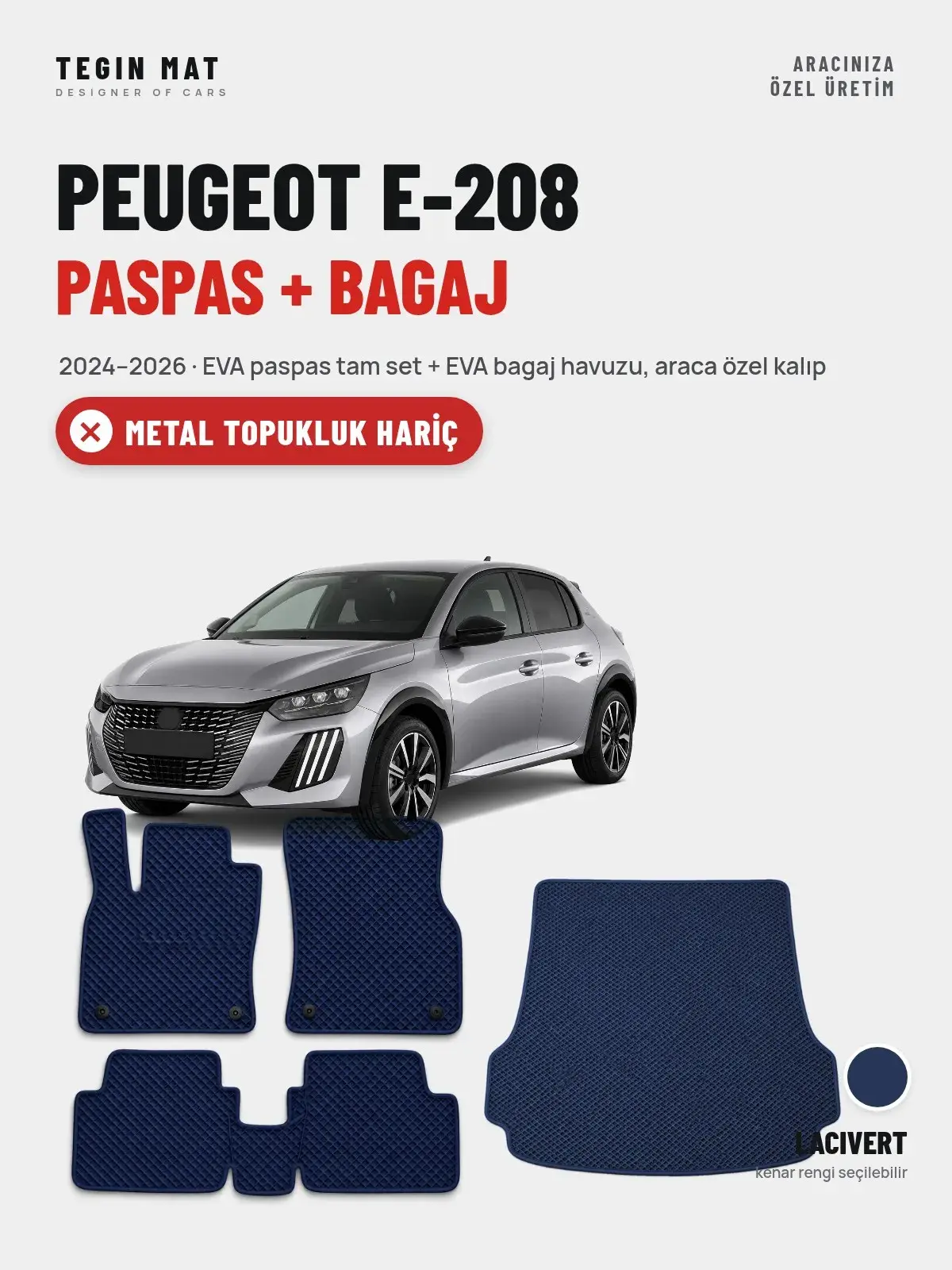 Peugeot e-208 EVA Paspas + Bagaj Havuzu Seti (2024–2026) Lacivert – Metal Topukluk Hariç (1)