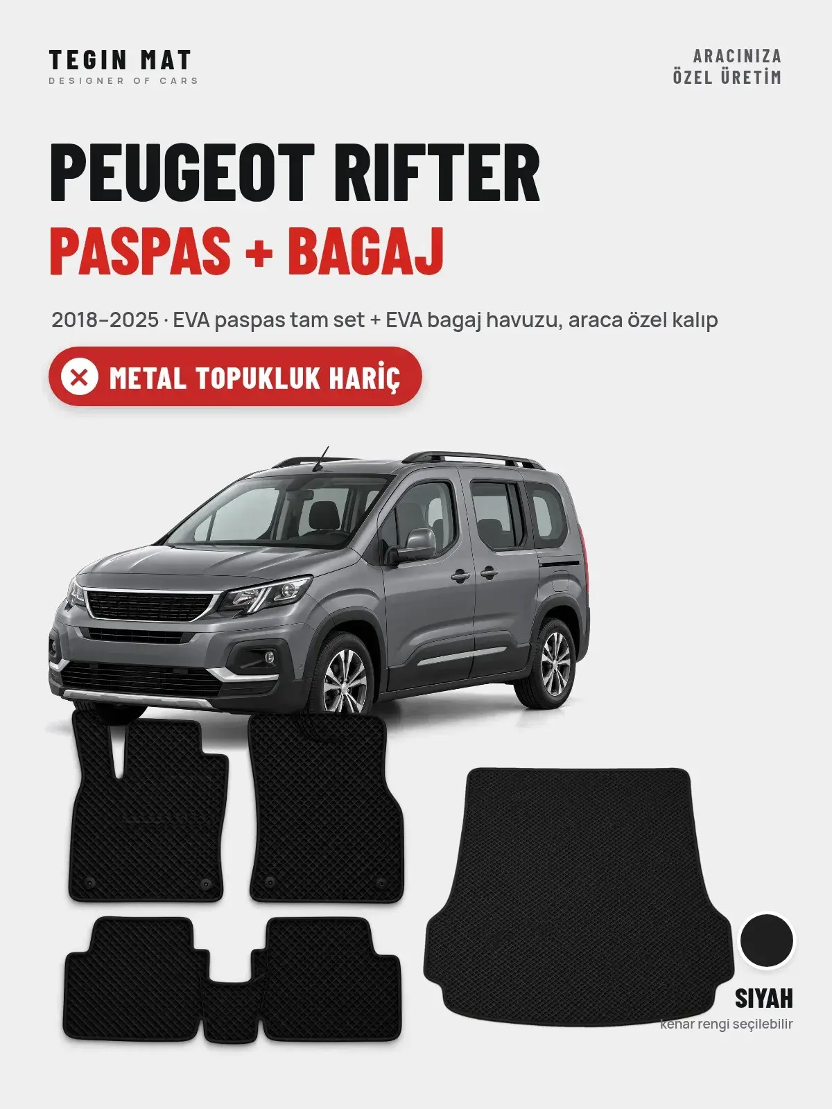 Peugeot Rifter EVA Paspas + Bagaj Havuzu Seti (2018–2025) Siyah – Metal Topukluk Hariç (1)