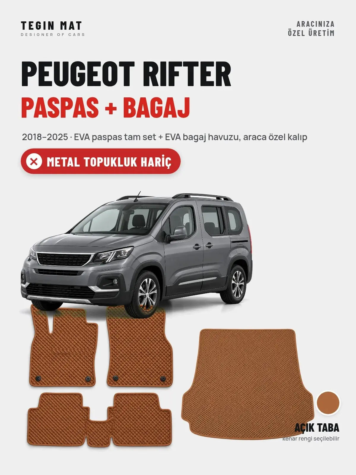 Peugeot Rifter EVA Paspas + Bagaj Havuzu Seti (2018–2025) Açık Taba – Metal Topukluk Hariç (1)