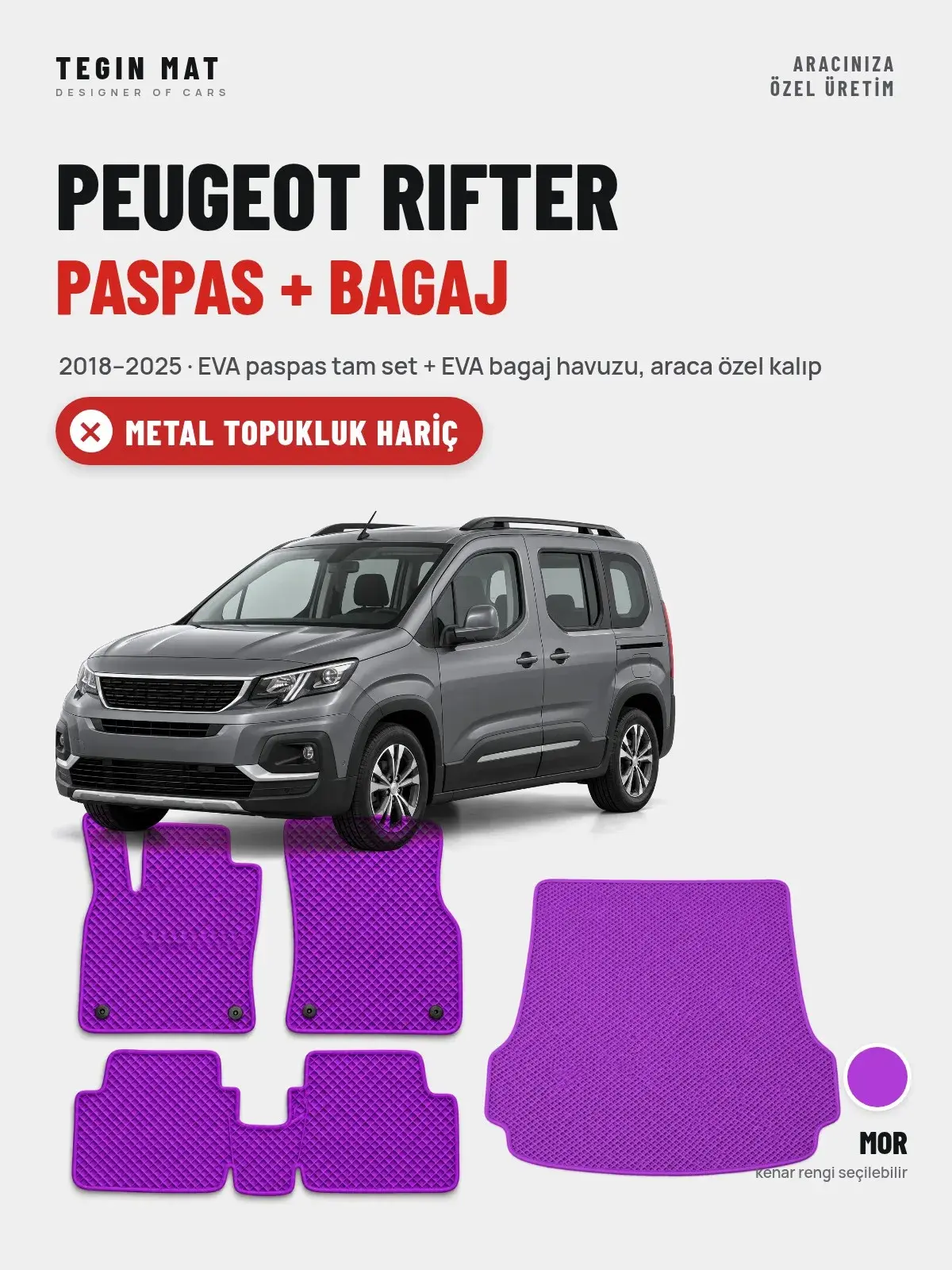 Peugeot Rifter EVA Paspas + Bagaj Havuzu Seti (2018–2025) Mor – Metal Topukluk Hariç (1)
