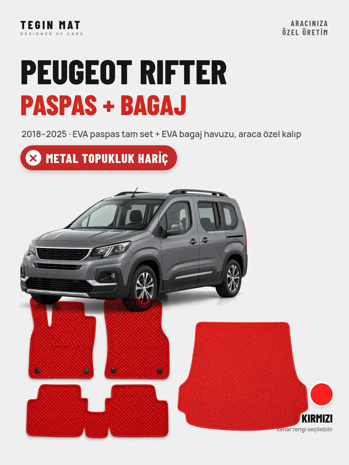 Peugeot Rifter EVA Paspas + Bagaj Havuzu Seti (2018–2025) Kırmızı – Metal Topukluk Hariç (1)